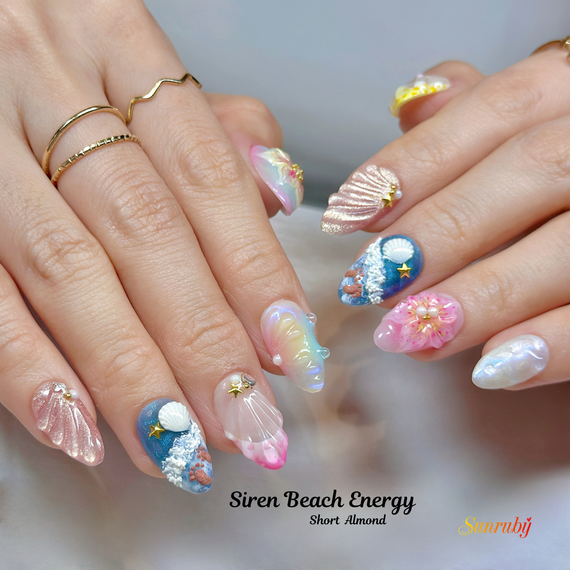 Siren Beach Energy Press-On Nails – Short Almond Summer Set, 3D Shell & Starfish Design, Ocean Wave Pastel Nails|  Reusable 20pcs Kit