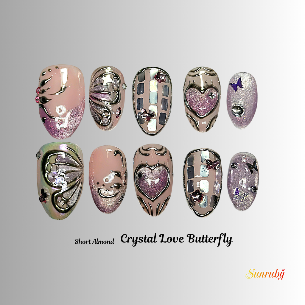 Crystal Love Butterfly Press-On Nails – Short Almond Chrome Pink Set, 3D Butterfly & Heart Design, Glitter Rhinestone Y2K Aesthetic Nails | Hand-Painted, Reusable 20pcs Kit