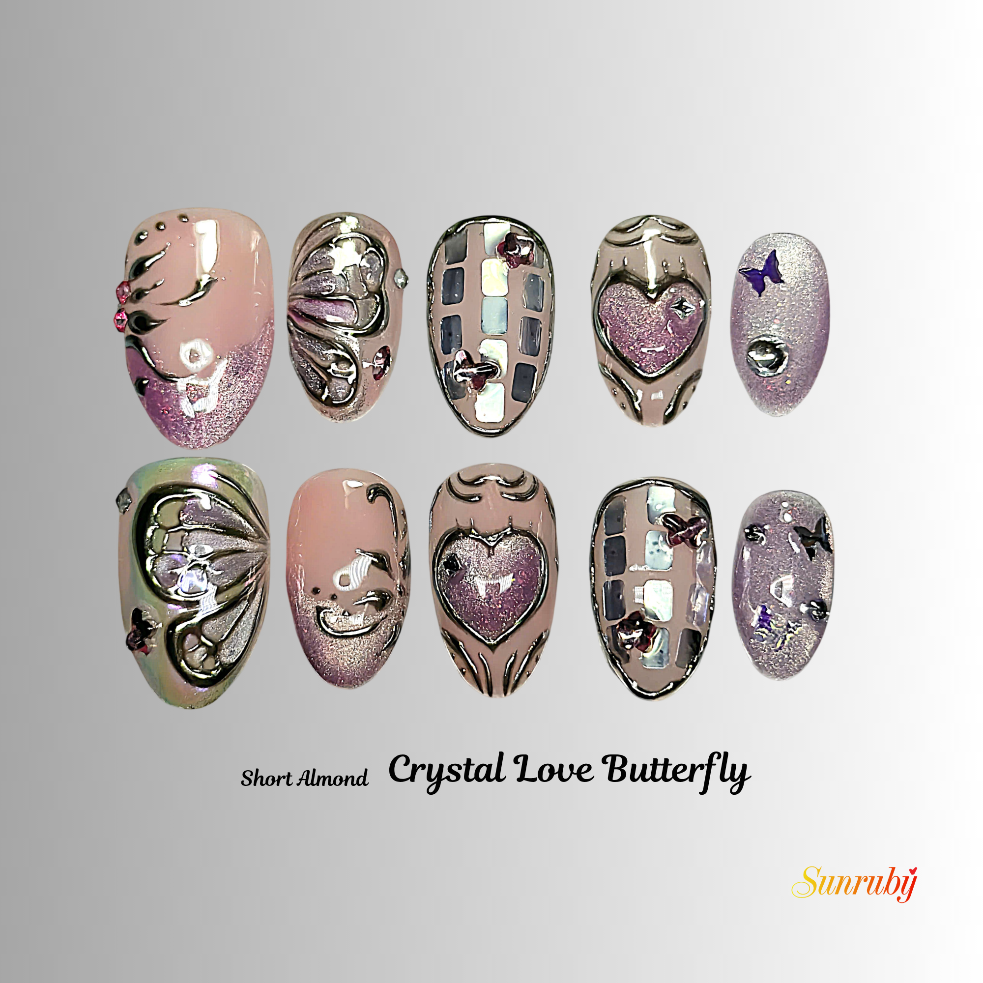 Crystal Love Butterfly Press-On Nails – Short Almond Chrome Pink Set, 3D Butterfly & Heart Design, Glitter Rhinestone Y2K Aesthetic Nails | Hand-Painted, Reusable 20pcs Kit