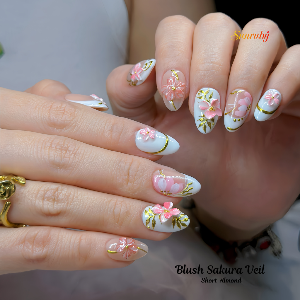 Blush Sakura Veil Press-On Nails –  Almond Nude Pink Set, 3D Cherry Blossom Floral Design, Gold Line Art Elegant Nails| Hand-Painted, Reusable 20pcs Kit