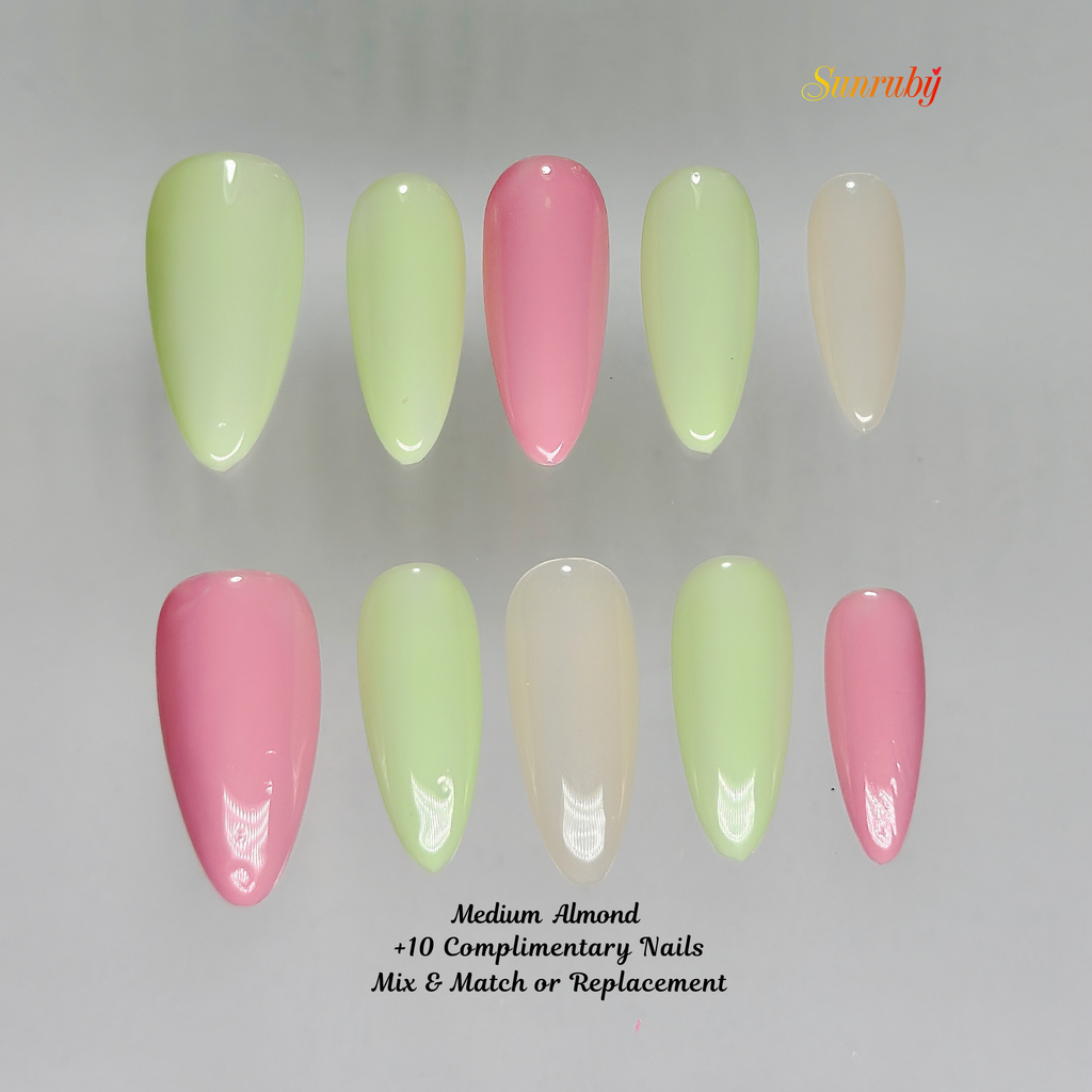Enchanted Bloom Press-On Nails – Medium Almond Green & Pink Set, 3D Floral & Gold Line Art Design, Elegant Garden-Inspired Glossy Nails |  Reusable 20pcs Kit