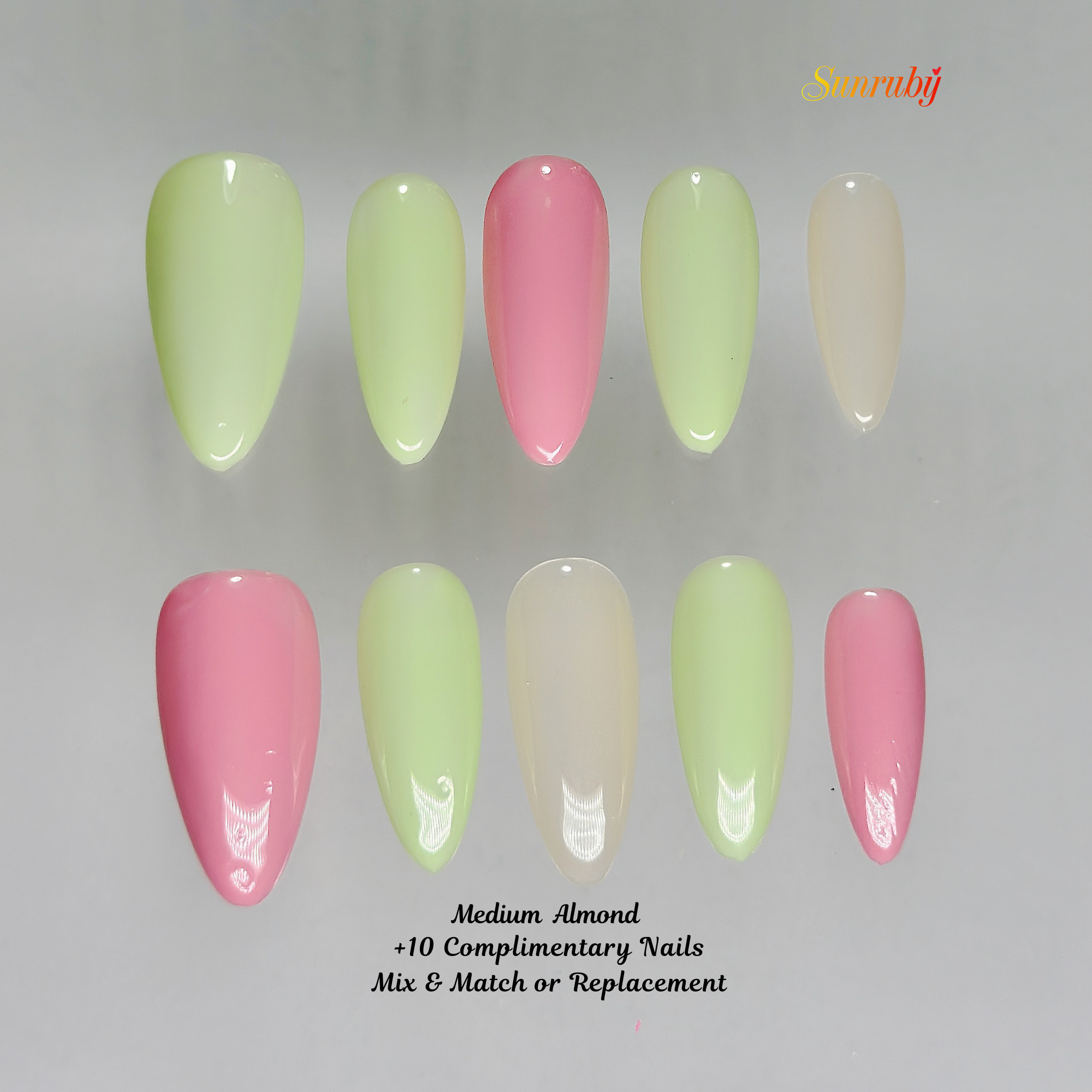 Enchanted Bloom Press-On Nails – Medium Almond Green & Pink Set, 3D Floral & Gold Line Art Design, Elegant Garden-Inspired Glossy Nails |  Reusable 20pcs Kit