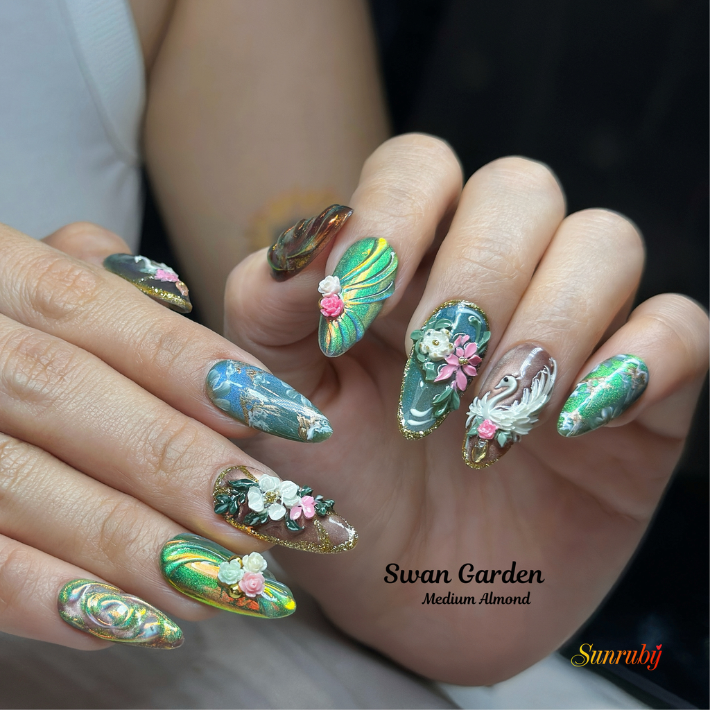Swan Garden Press-On Nails – Medium Almond Green Chrome Set, 3D Floral & Swan Design, Luxury Nature-Inspired Glossy Nails |  Reusable 20pcs Kit
