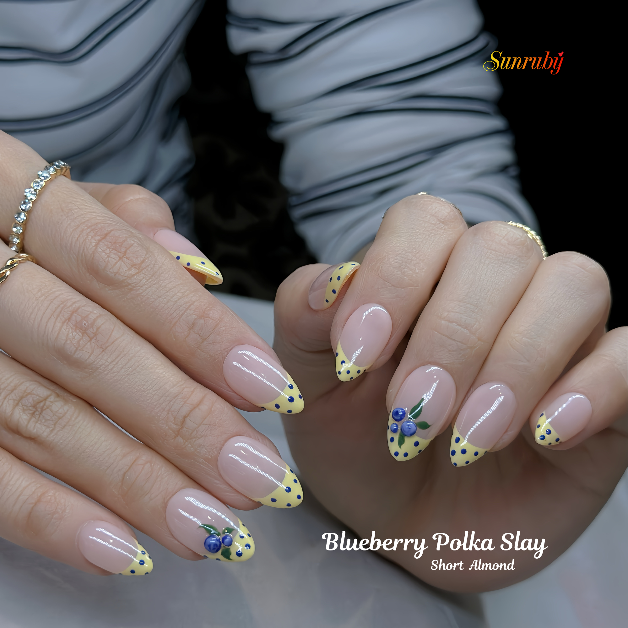 Hand-Painted Blueberry Nail Art | Short Almond French Tip Press-Ons | Summer Picnic Aesthetic| Hand-Painted Gel Reusable Set, 30 Nails, 15 Sizes