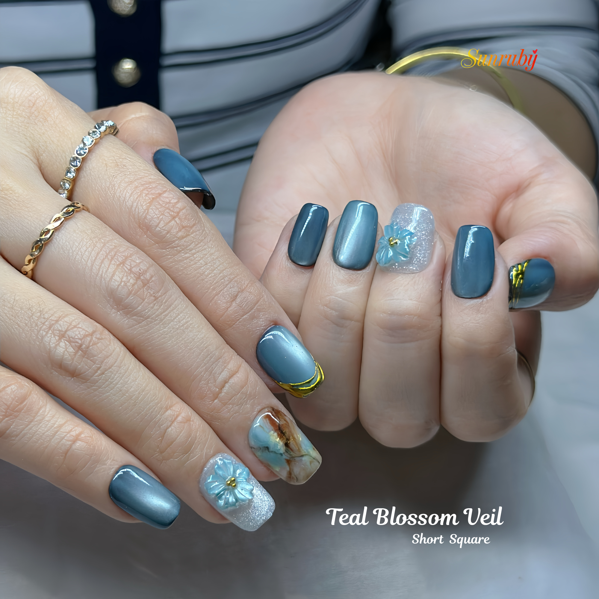 Teal Blossom Veil Press-On Nails – Short Square | Teal Chrome, Marble Accent & 3D Flower Design | Hand-Painted Gel Reusable Set, 30 Nails, 15 Sizes