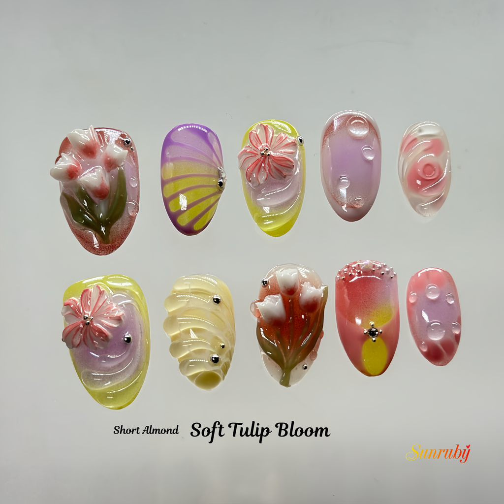 Tulip Dream Garden Press-On Nails – Short Almond Pastel Floral Set, 3D Flower Gel Design,Gradient Cute Nails | Hand-Painted, Reusable 20pcs Kit