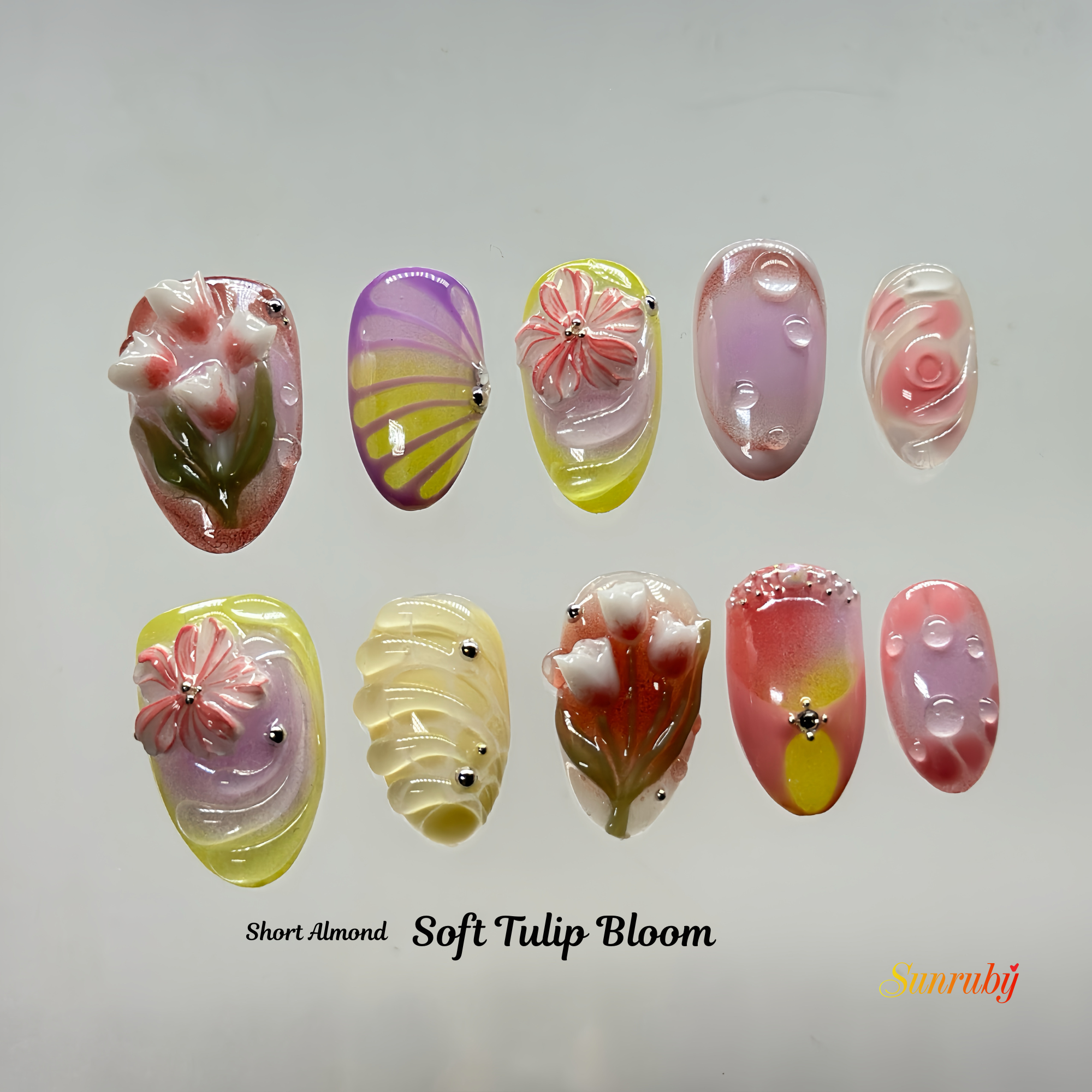 Tulip Dream Garden Press-On Nails – Short Almond Pastel Floral Set, 3D Flower Gel Design,Gradient Cute Nails | Hand-Painted, Reusable 20pcs Kit