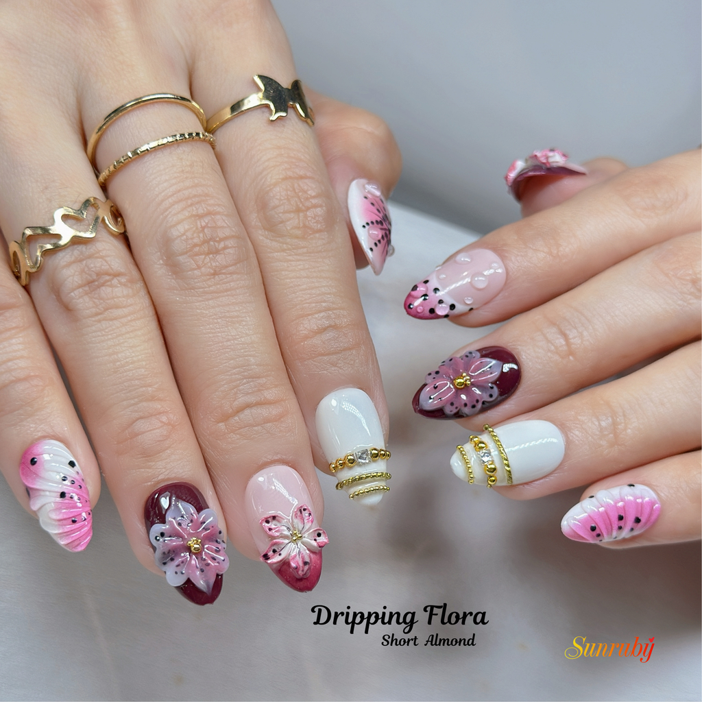 Dripping Flora Press-On Nails – Short Almond Pink & Red Set, 3D Flower Gel Design, Glossy Dew Drop Nails |  Reusable 20pcs Kit