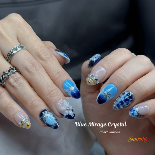 Blue Mirage Crystal Press-On Nails – Short Almond Ombre, 3D Flower & Star Design, Luxury Rhinestone Gel Nails | Hand-Painted, Reusable 20pcs Kit