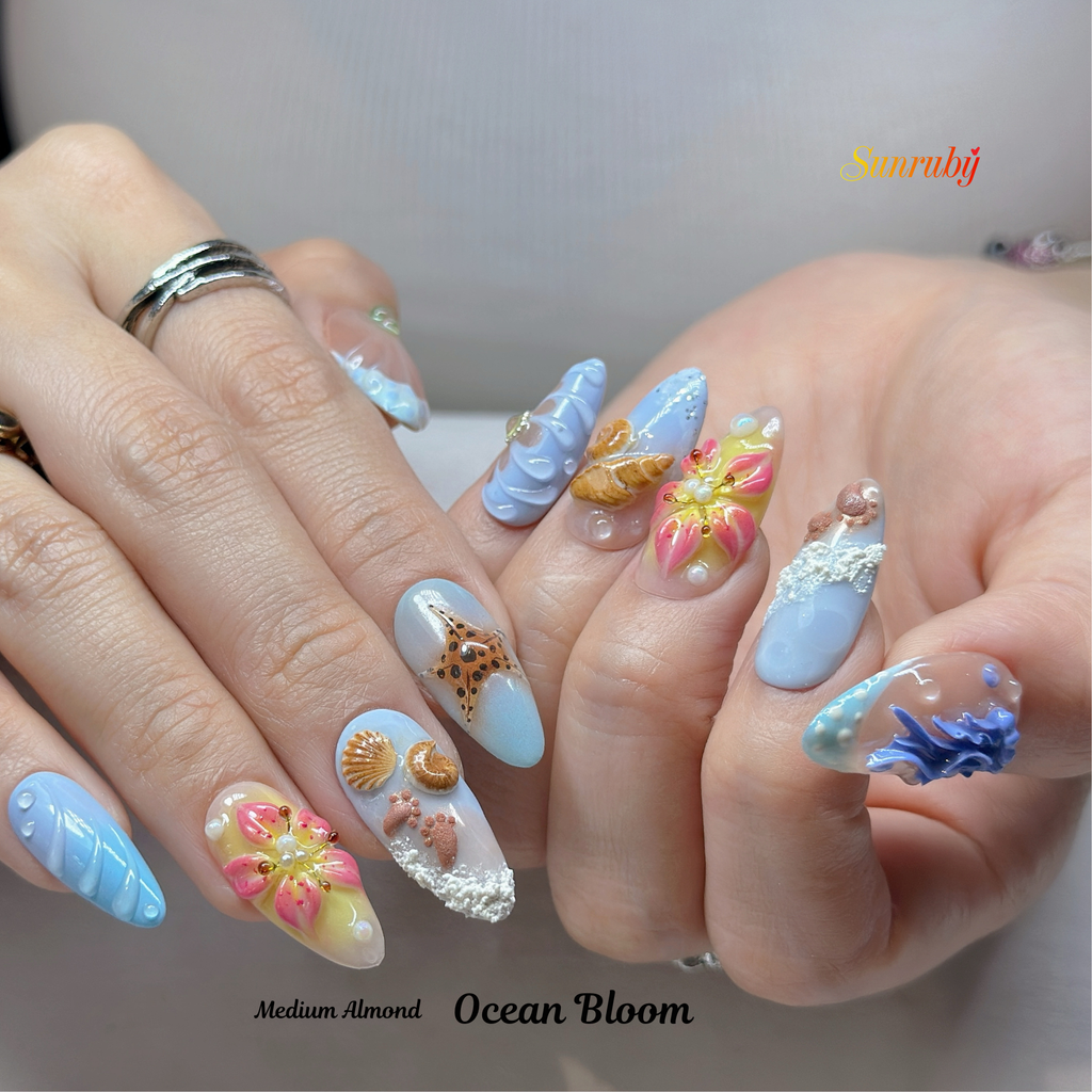 Ocean Bloom Press-On Nails – Medium Almond Sea Life Set, 3D Jellyfish, Shell & Starfish Design, Beach-Inspired Glossy Gel Nails |  Reusable 20pcs Kit