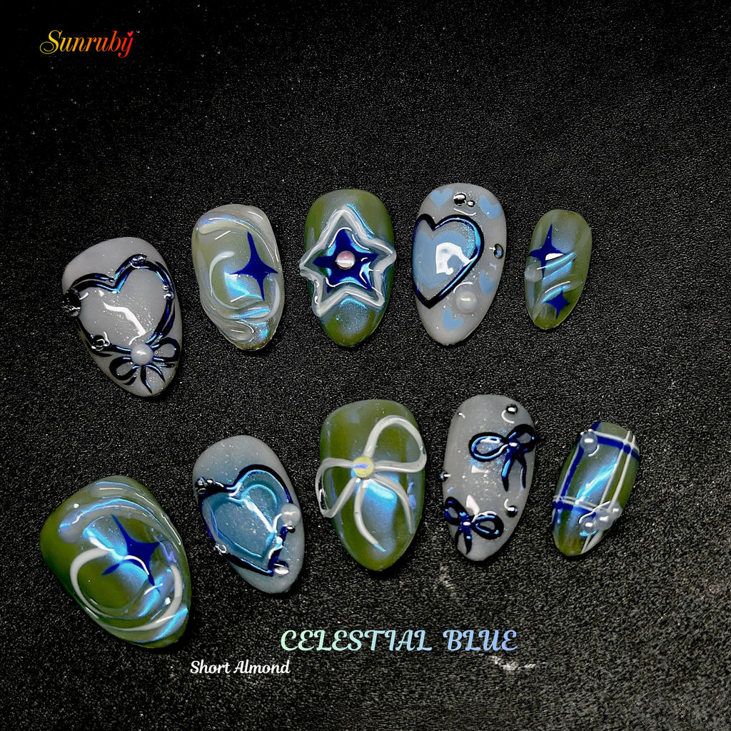 Short Almond Hand-Painted Press-On Nails | Luxury Blue Galaxy with 3D Stars and Hearts | Reusable 20pcs Kit