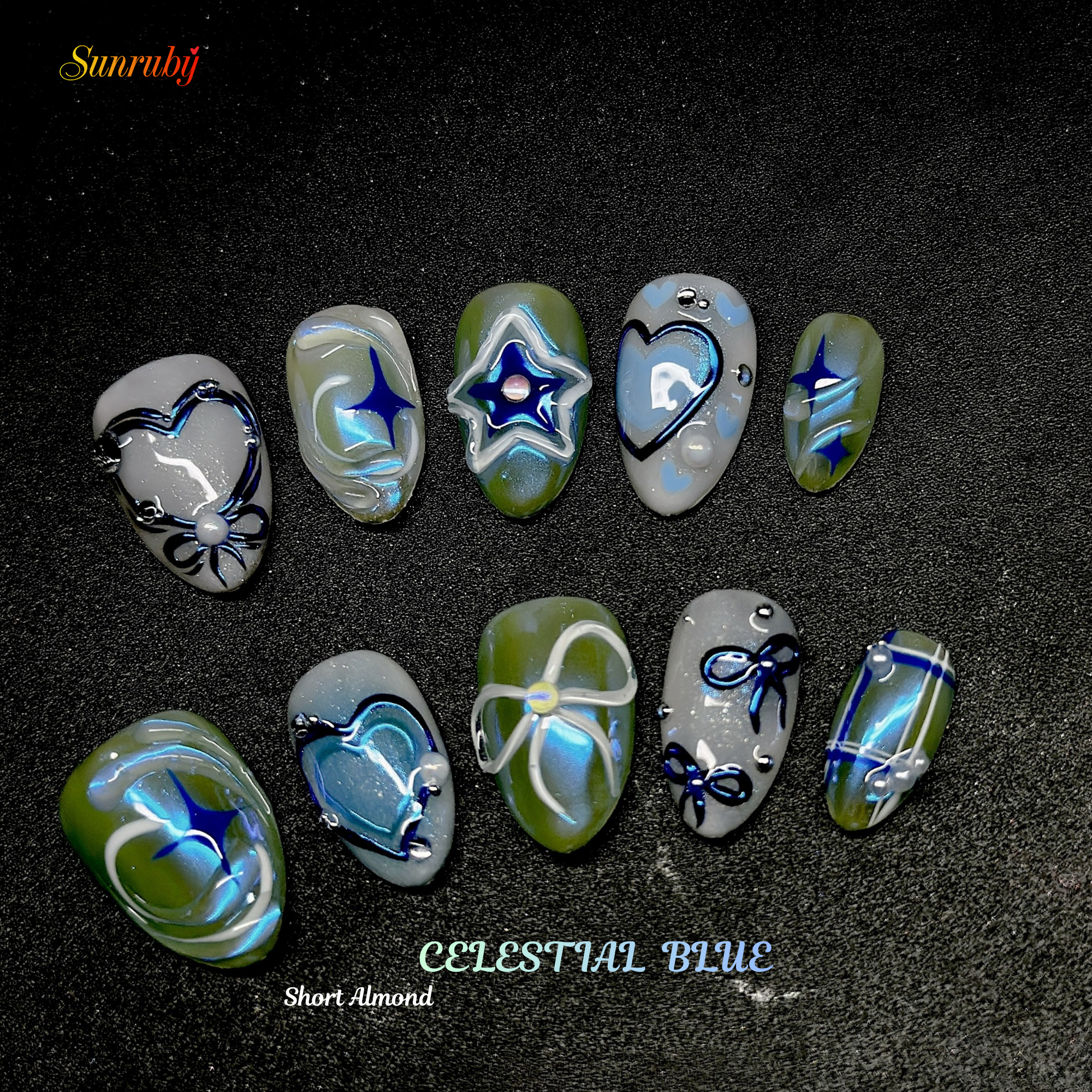 Short Almond Hand-Painted Press-On Nails | Luxury Blue Galaxy with 3D Stars and Hearts | Reusable 20pcs Kit