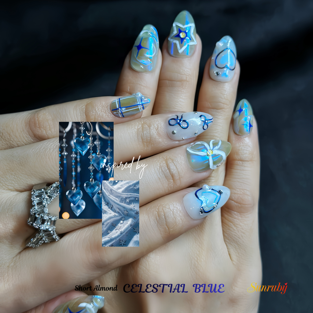 Short Almond Hand-Painted Press-On Nails | Luxury Blue Galaxy with 3D Stars and Hearts | Reusable 20pcs Kit