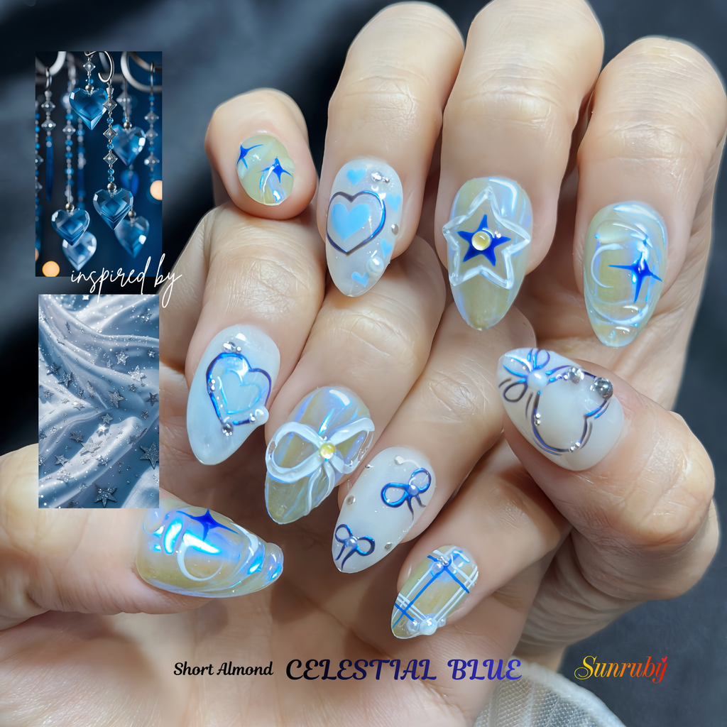 Short Almond Hand-Painted Press-On Nails | Luxury Blue Galaxy with 3D Stars and Hearts | Reusable 20pcs Kit