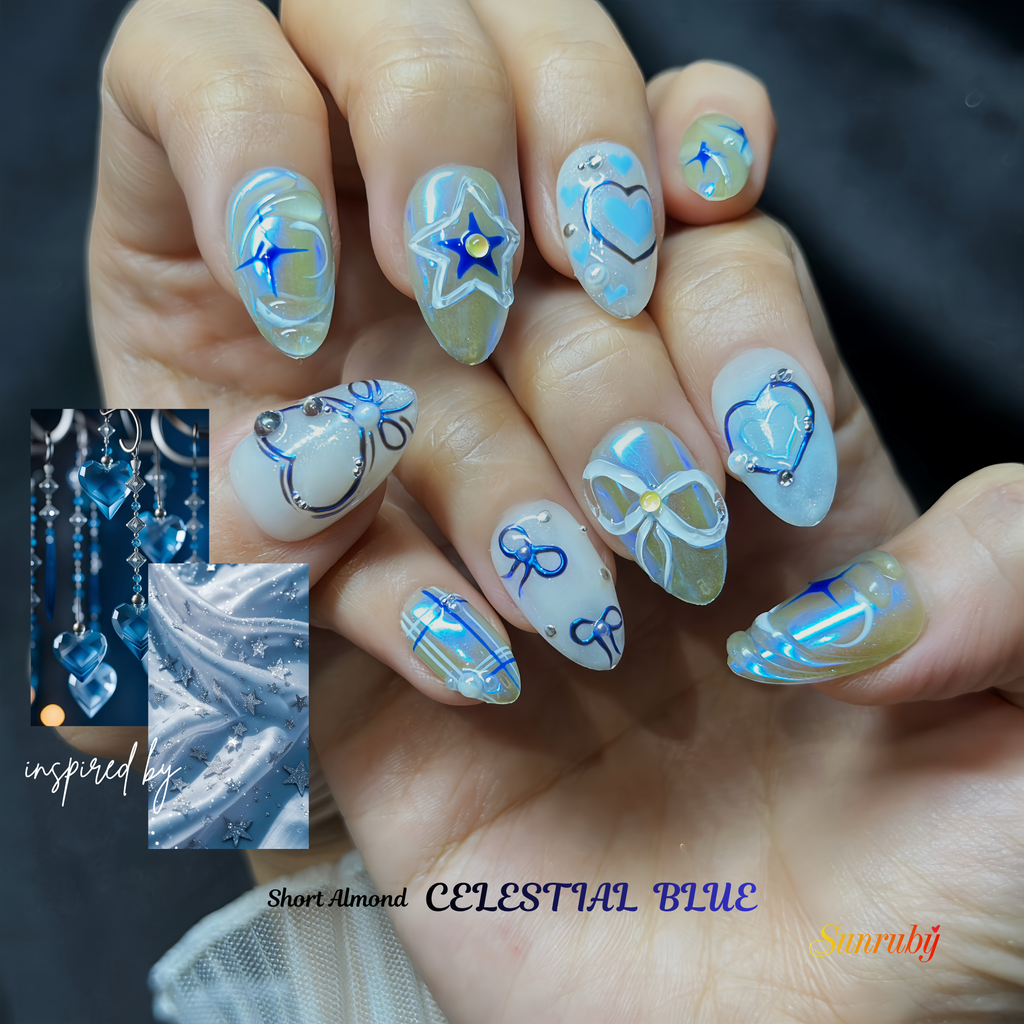 Short Almond Hand-Painted Press-On Nails | Luxury Blue Galaxy with 3D Stars and Hearts | Reusable 20pcs Kit
