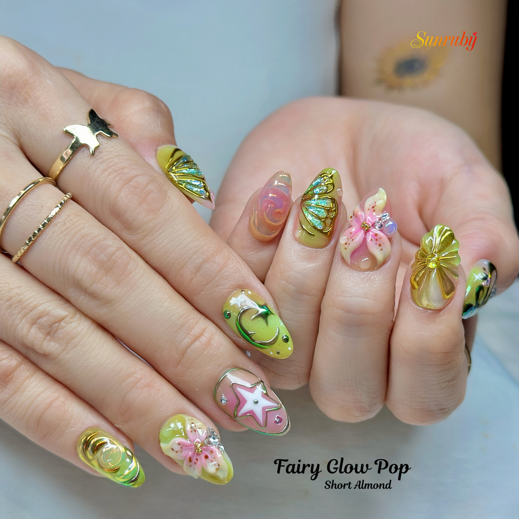 Fairy Glow Pop – Short Almond Press-On Nails ✨🌸 | 3D Gel Art, Gold Chrome Details |  Reusable 20pcs Kit