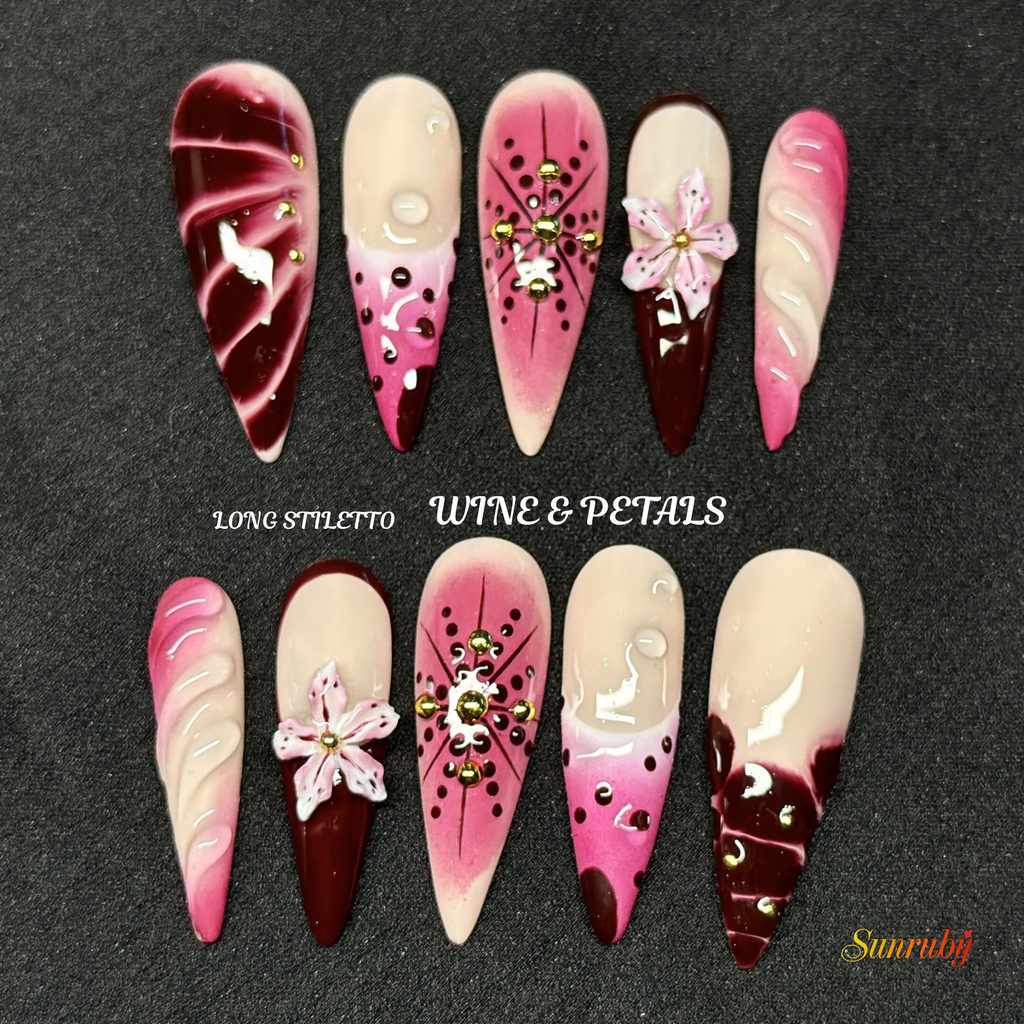 Long Stiletto Hand-Painted Press-On Nails | Luxury Wine Red Ombre with 3D Floral Design | Reusable 20pcs Kit