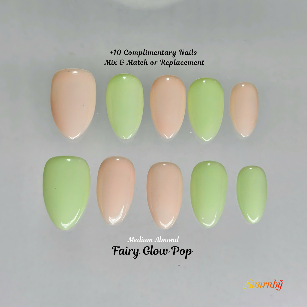 Fairy Glow Pop – Short Almond Press-On Nails ✨🌸 | 3D Gel Art, Gold Chrome Details |  Reusable 20pcs Kit