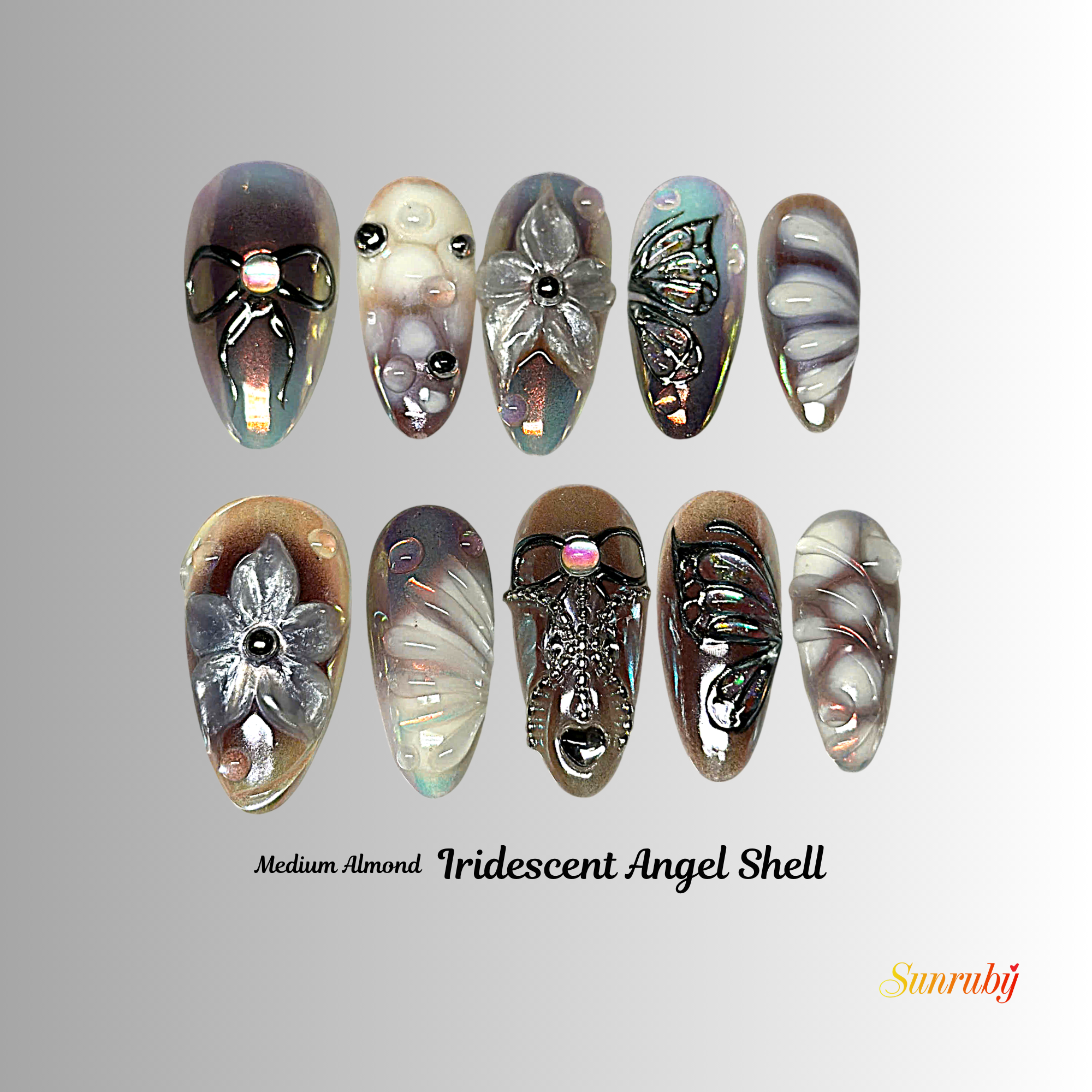 Iridescent Angel Shell Press-On Nails – Medium Almond Pearl Chrome Set, 3D Flower & Butterfly Design, Ocean-Inspired Glossy Nails| Hand-Painted, Reusable 20pcs Kit