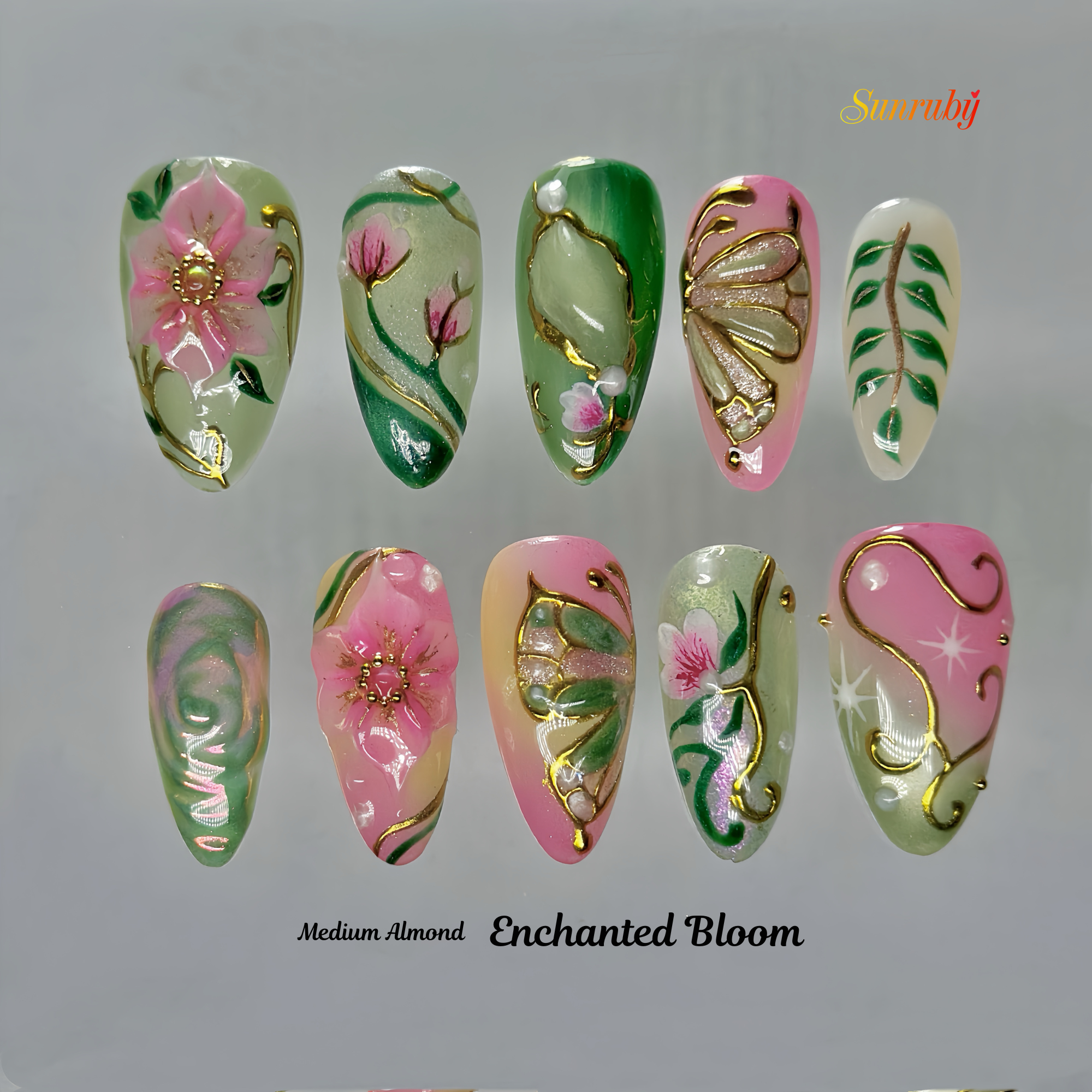 Enchanted Bloom Press-On Nails – Medium Almond Green & Pink Set, 3D Floral & Gold Line Art Design, Elegant Garden-Inspired Glossy Nails |  Reusable 20pcs Kit