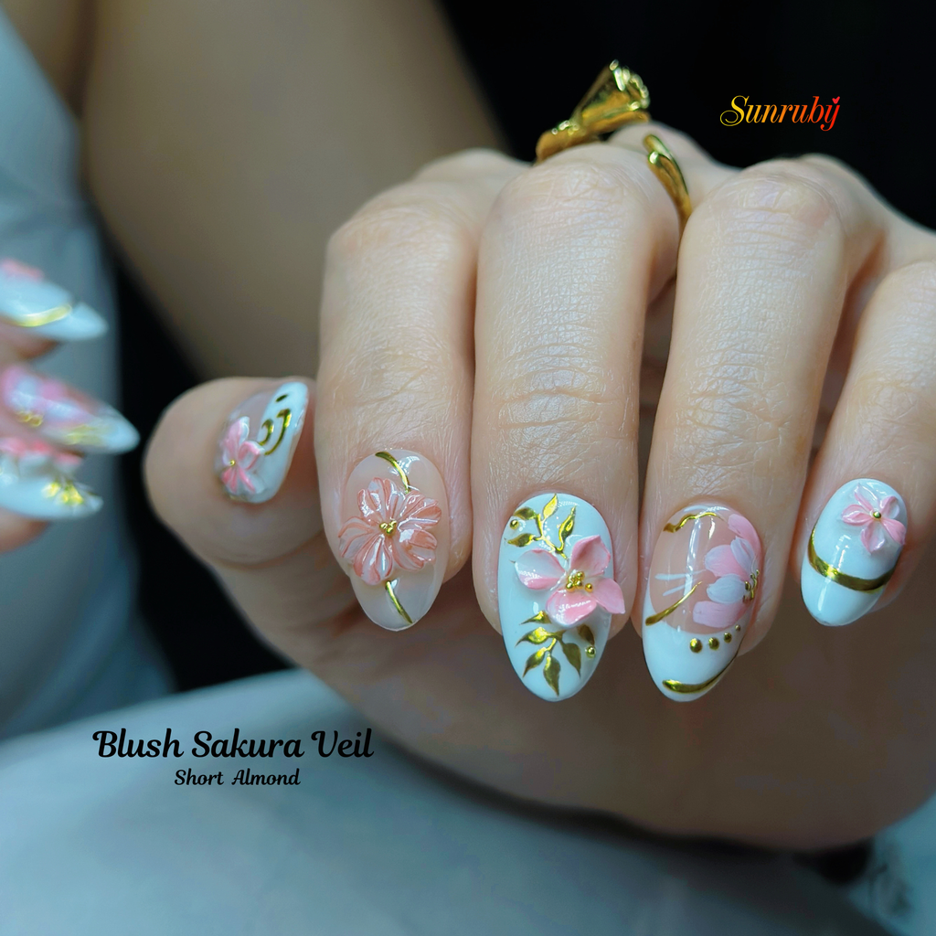 Blush Sakura Veil Press-On Nails –  Almond Nude Pink Set, 3D Cherry Blossom Floral Design, Gold Line Art Elegant Nails| Hand-Painted, Reusable 20pcs Kit