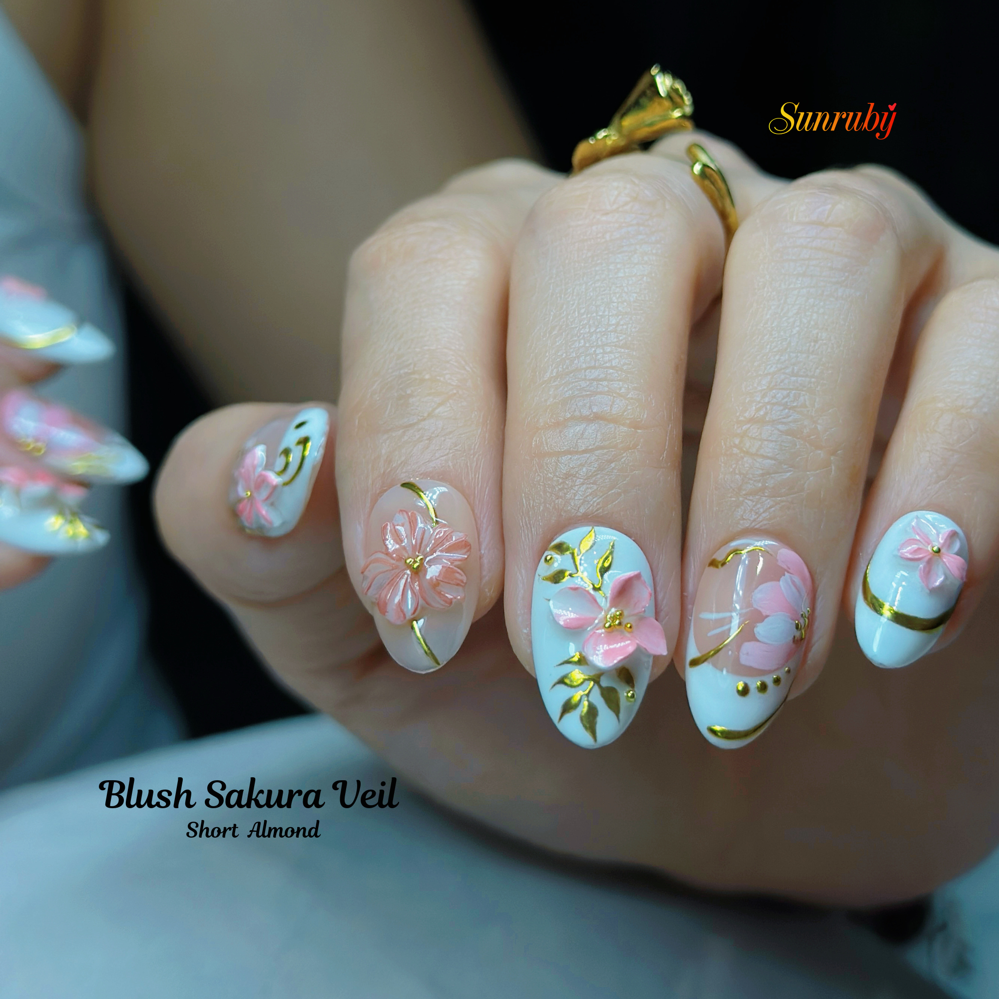 Blush Sakura Veil Press-On Nails –  Almond Nude Pink Set, 3D Cherry Blossom Floral Design, Gold Line Art Elegant Nails| Hand-Painted, Reusable 20pcs Kit