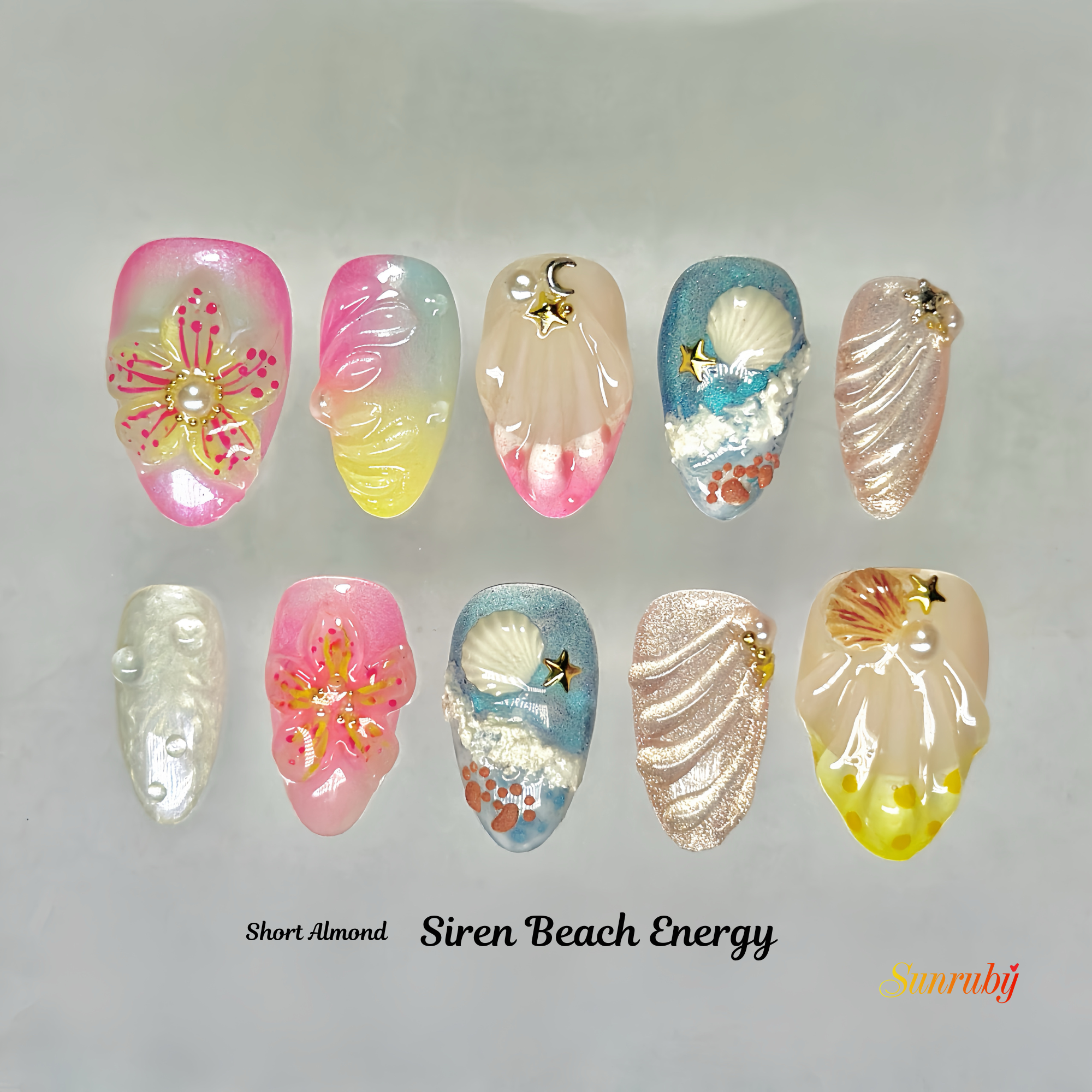 Siren Beach Energy Press-On Nails – Short Almond Summer Set, 3D Shell & Starfish Design, Ocean Wave Pastel Nails|  Reusable 20pcs Kit