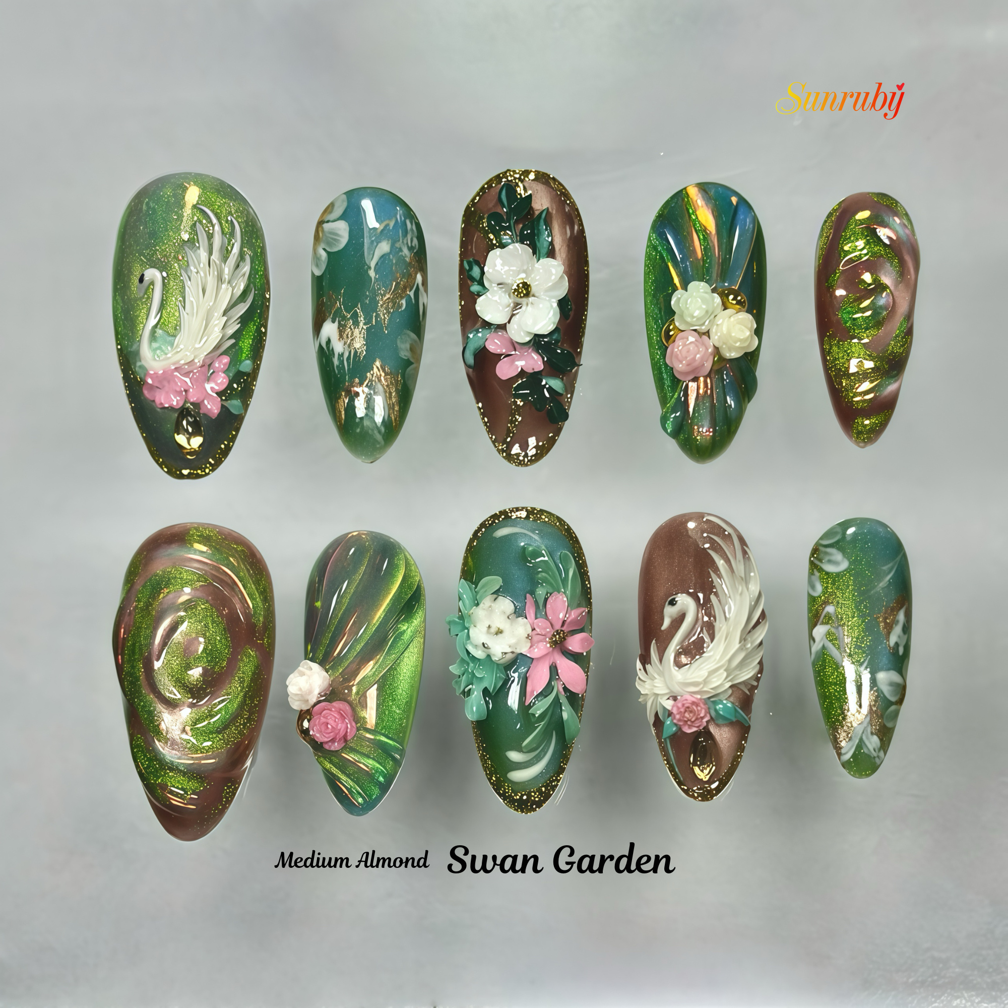 Swan Garden Press-On Nails – Medium Almond Green Chrome Set, 3D Floral & Swan Design, Luxury Nature-Inspired Glossy Nails |  Reusable 20pcs Kit