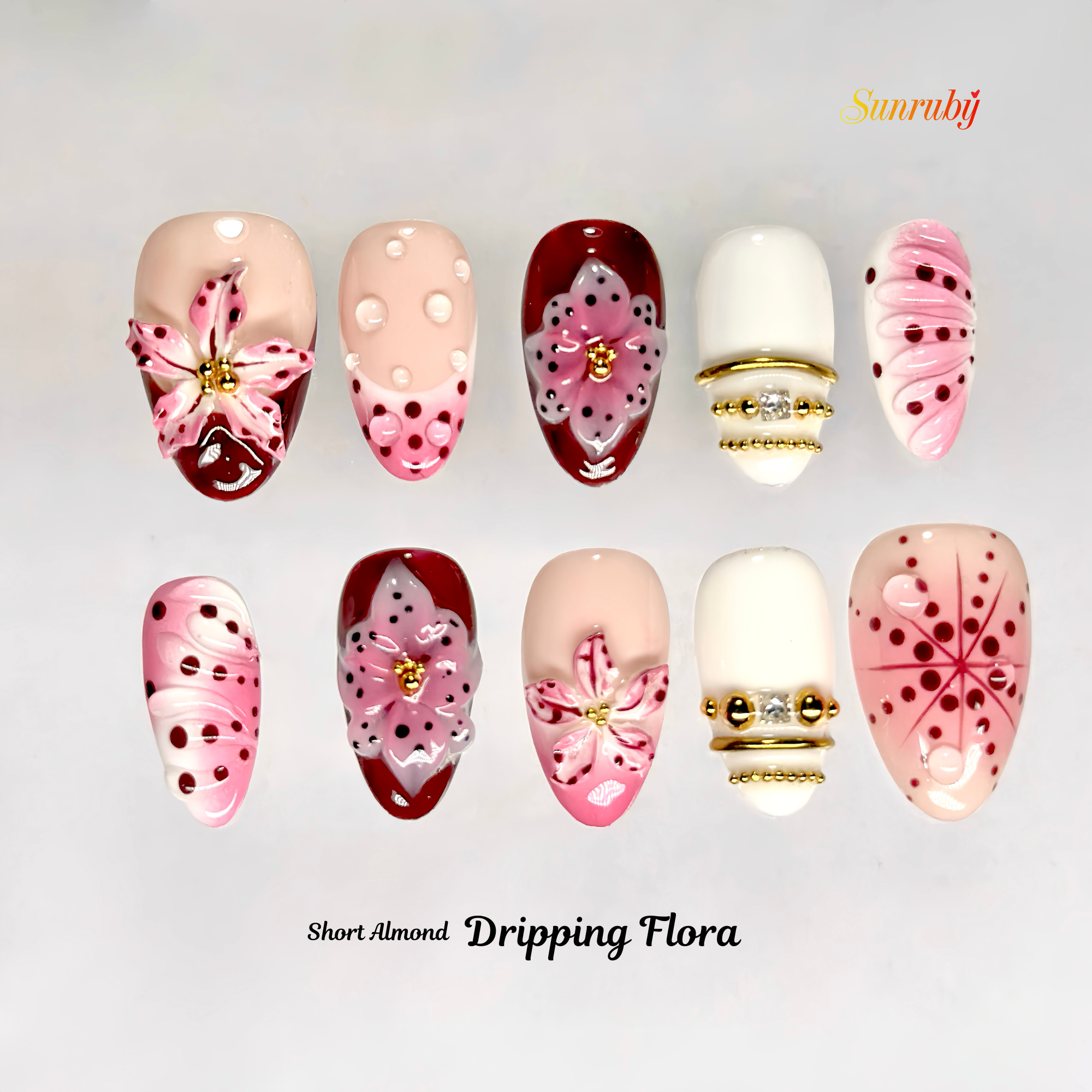 Dripping Flora Press-On Nails – Short Almond Pink & Red Set, 3D Flower Gel Design, Glossy Dew Drop Nails |  Reusable 20pcs Kit