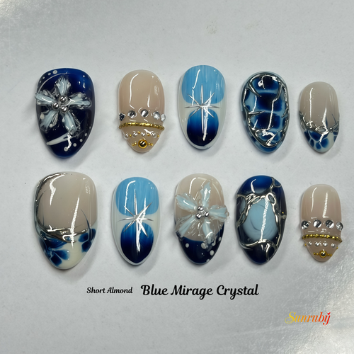 Blue Mirage Crystal Press-On Nails – Short Almond Ombre, 3D Flower & Star Design, Luxury Rhinestone Gel Nails | Hand-Painted, Reusable 20pcs Kit