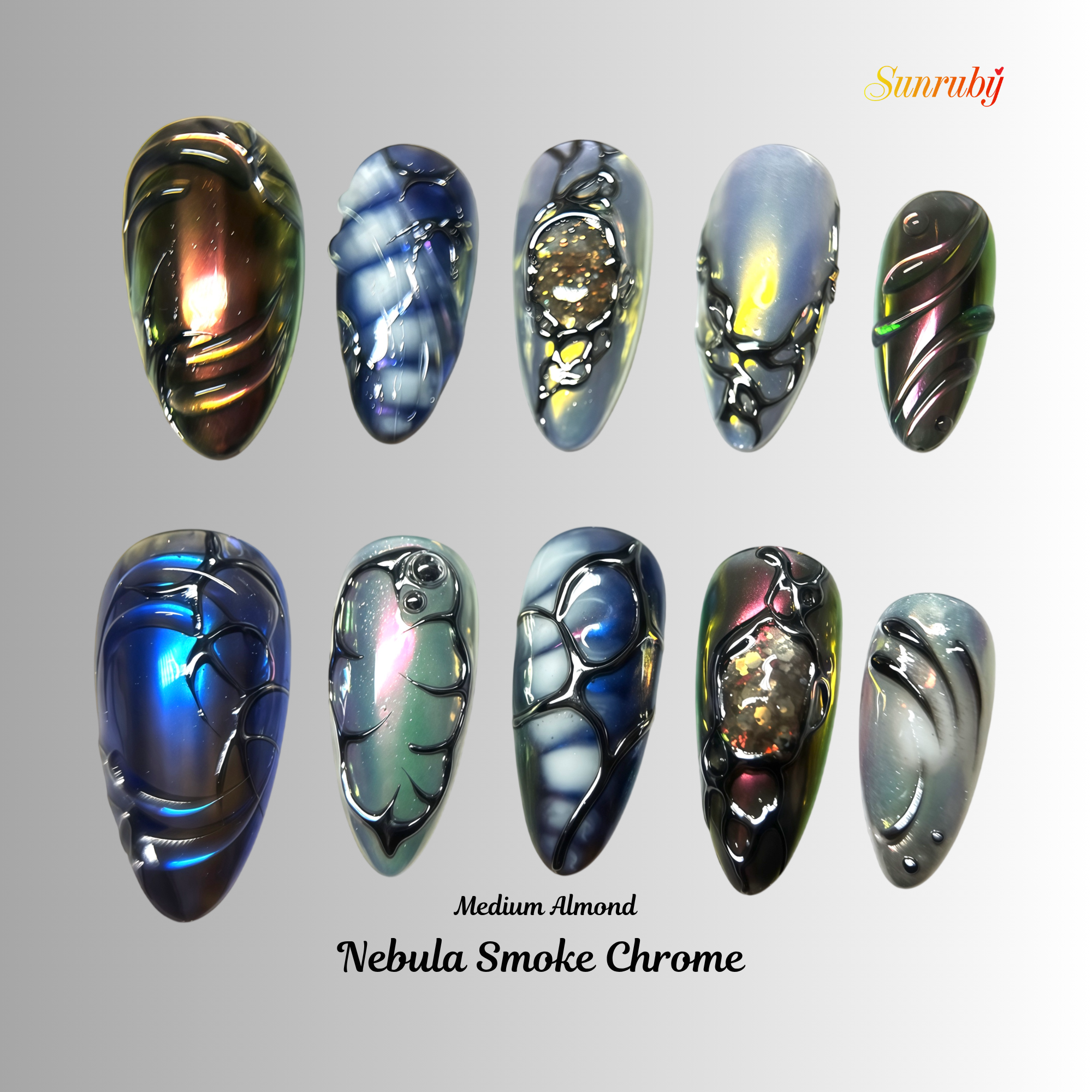 Handmade Luxury Press On Nails | Medium Almond Galaxy Blue Silver Nail Art | Nebula Chrome | Cosmic & Abstract nails | Reusable 20pcs Kit