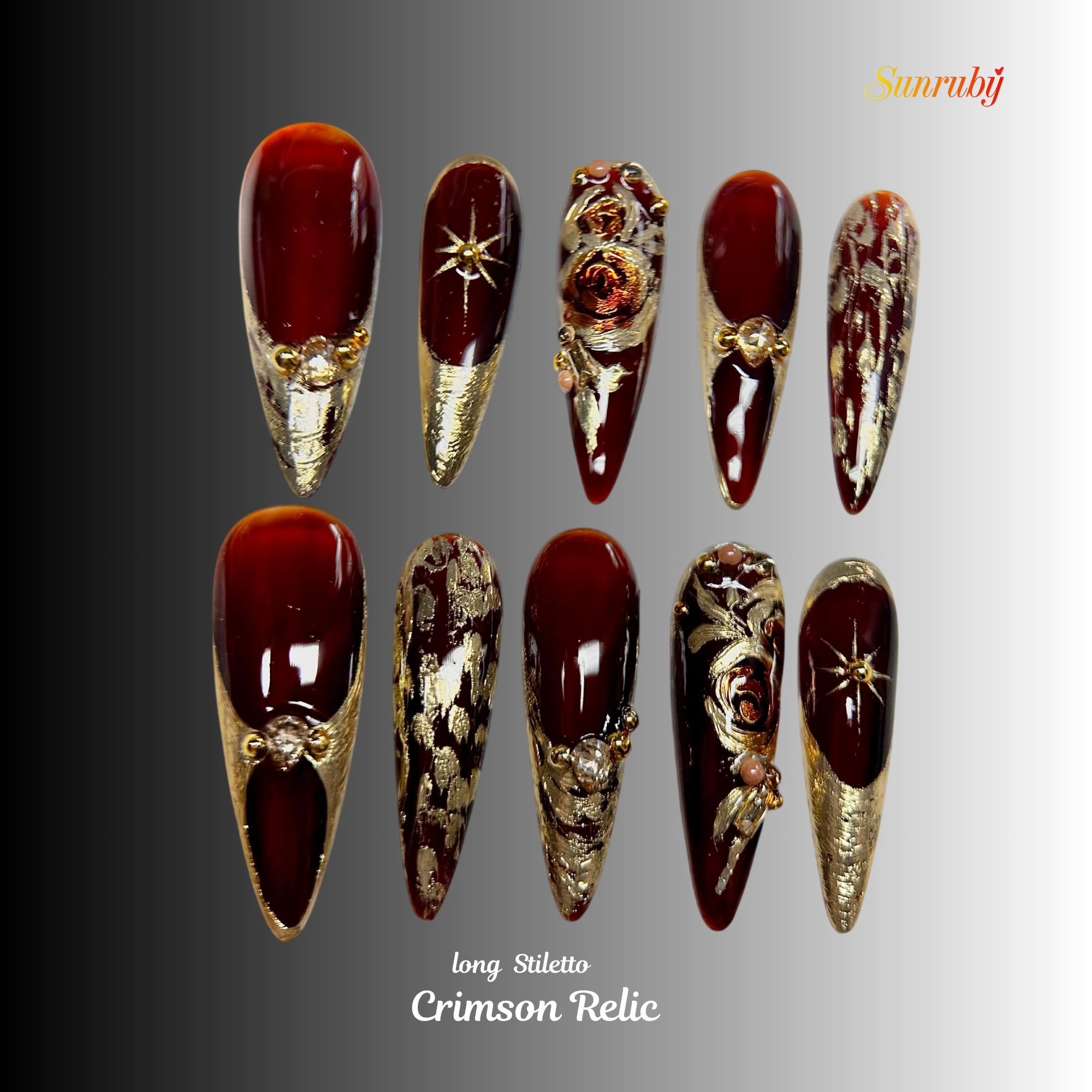 Long Stiletto Press On Nails – Burgundy Gold Luxury Nail Art, Handmade 3D Crystal Royal Nails, Reusable Statement Nails | Reusable 20pcs Kit