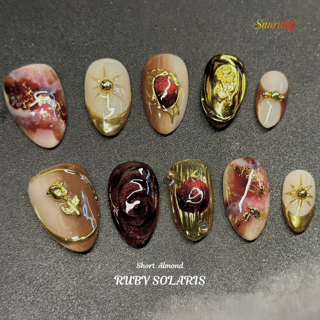 Short Almond Hand-Painted Press-On Nails | Ruby Red with Gold Chrome 3D Nail Art | Reusable 20pcs Kit