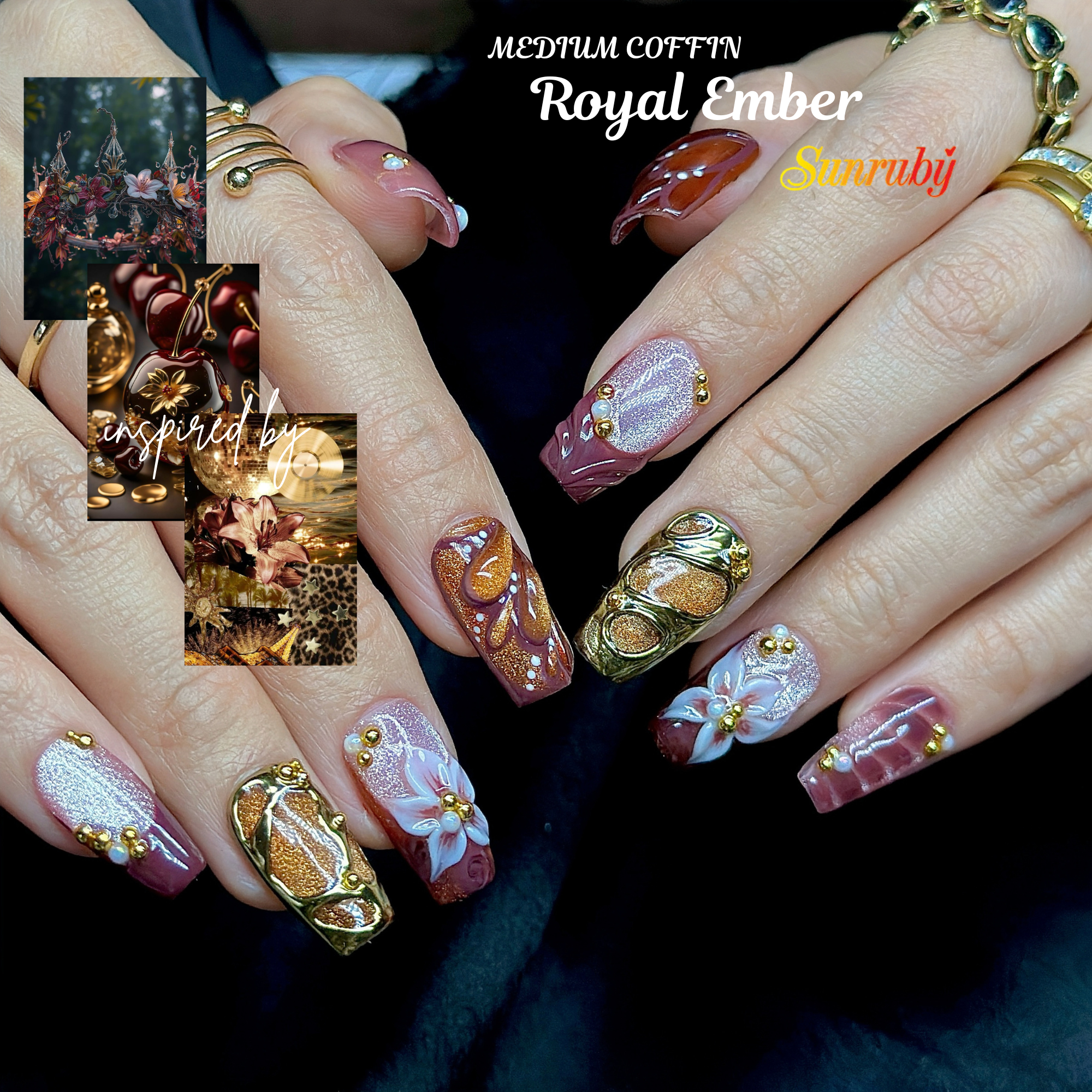 Medium Coffin Press On Nails – Burgundy Gold Floral 3D Nail Art, Luxury Handmade Nails | Chrome | Flower & Glam nails | Reusable 20pcs Kit