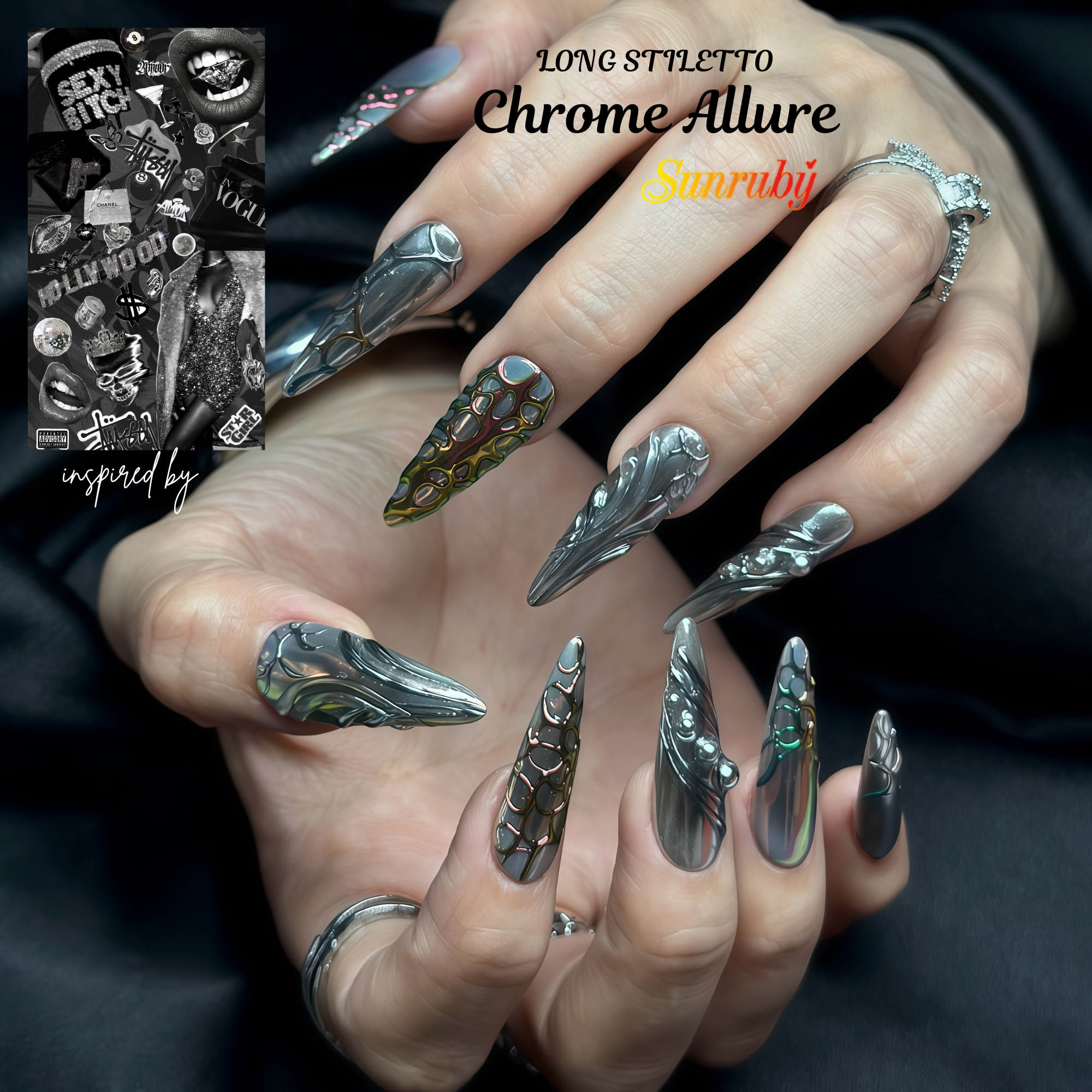 Long Stiletto Press On Nails | Dark Chrome 3D Sculpted Nail Art | Luxury Handmade Reusable Nails |Statement Gothic Nails |Reusable 20pcs Kit