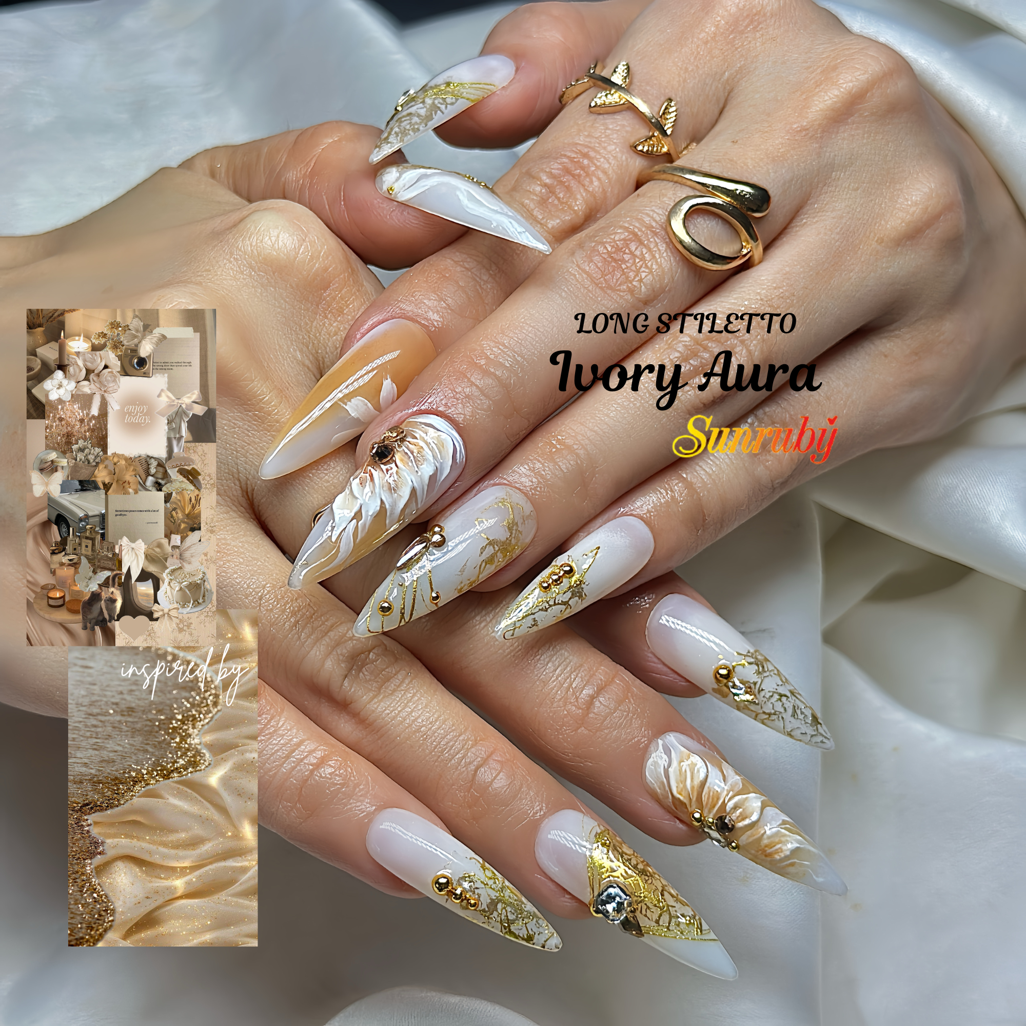 Long Stiletto Press On Nails | Luxury Ivory & Gold 3D Floral Nail Art | Handmade Bridal Press On Nails | Elegant nails | Reusable 20pcs Kit