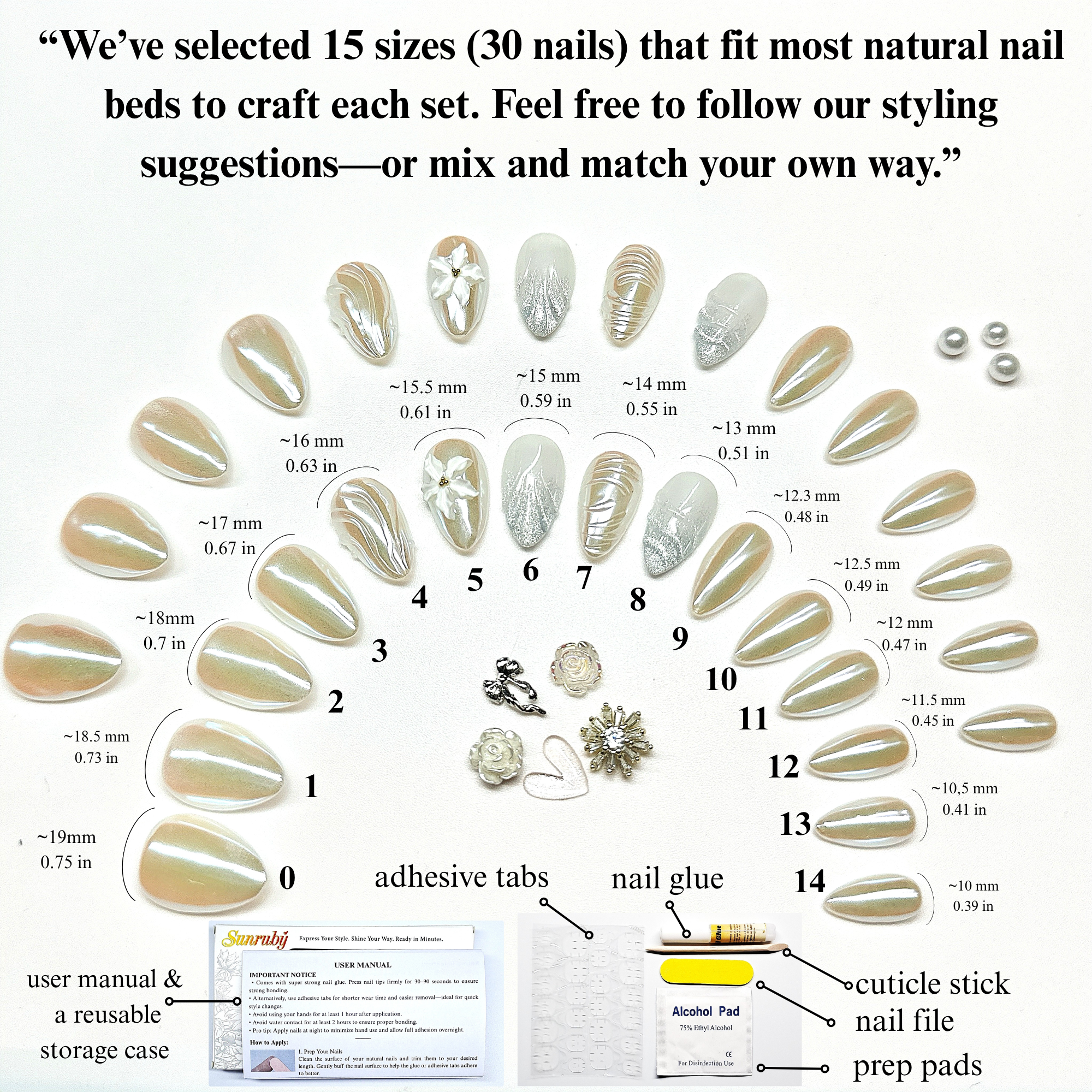 White Floral Press-On Nails | Short Almond Pearl Bridal Nails with 3D Flower – Hand-Painted Gel Reusable Set (30 Nails, 15 Sizes)