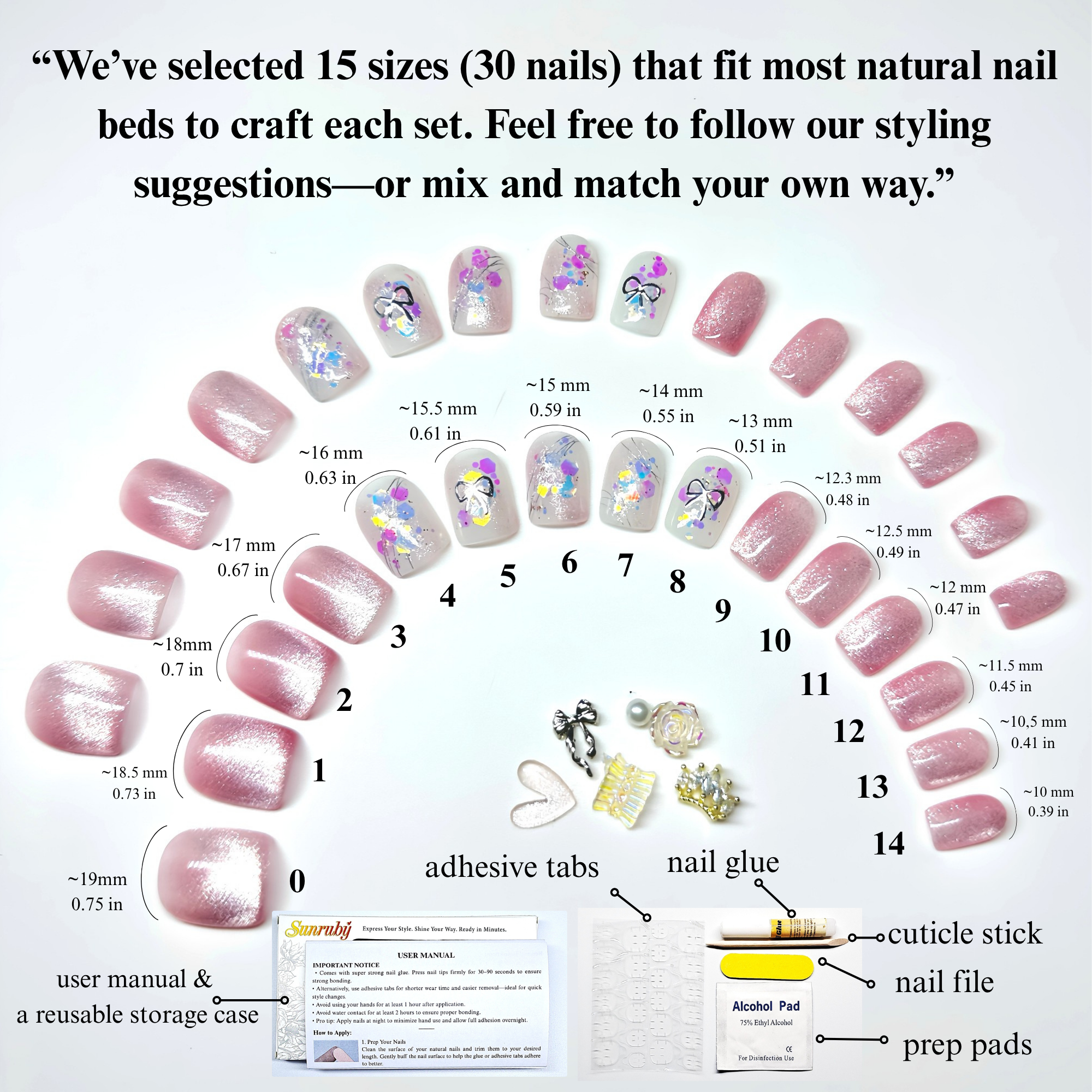 Short Square Hand-Painted Press-On Nails | Pink Cat Eye Glitter with Bow Accent | Reusable 30pcs Kit, 15 Sizes