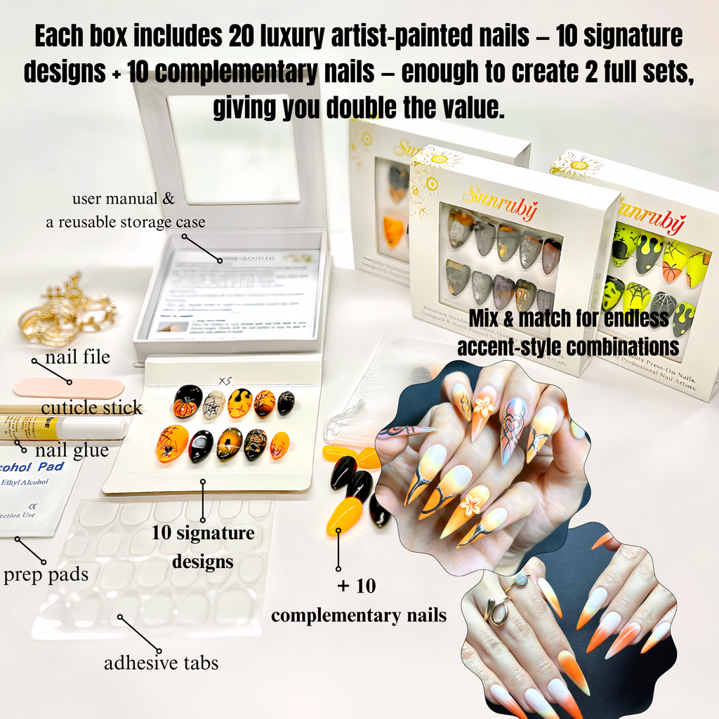 Long Stiletto Hand-Painted Press-On Nails | Luxury Tropical Sunset Ombre with 3D Floral Design | Reusable 20pcs Kit