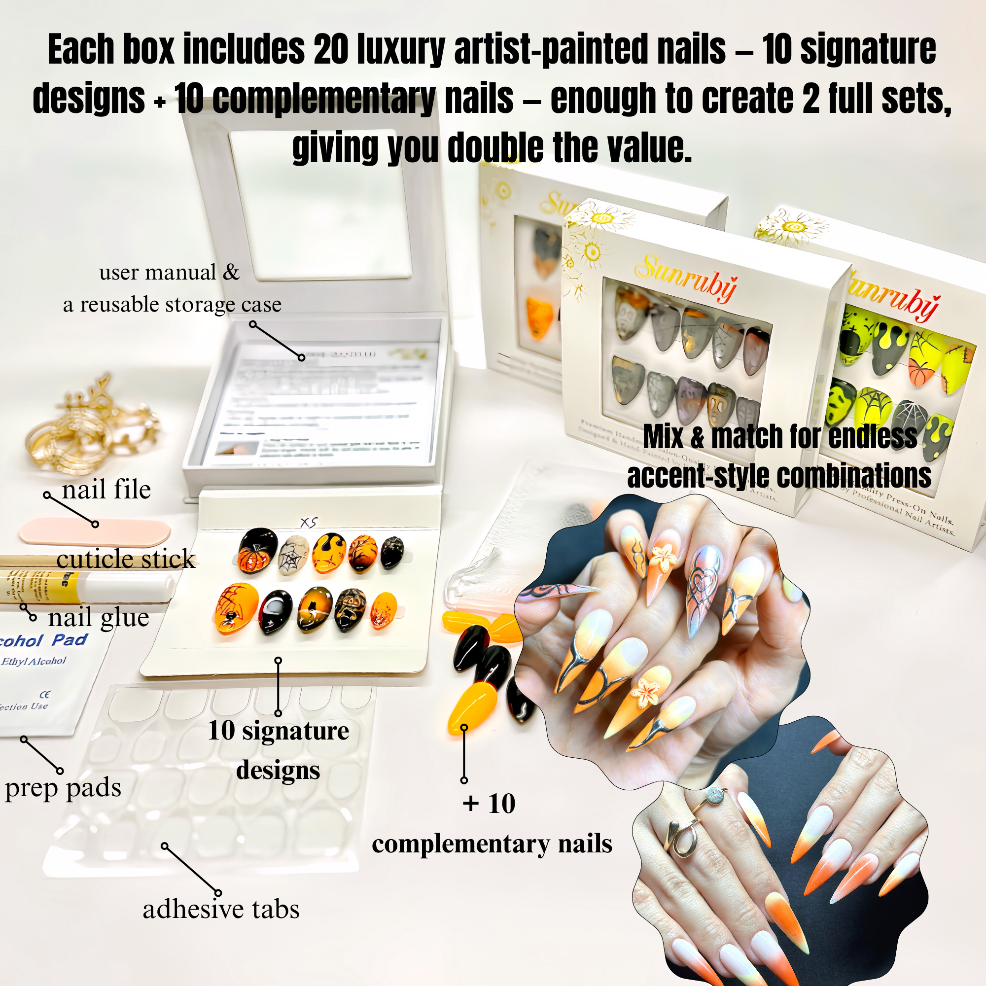 Long Stiletto Hand-Painted Press-On Nails | Luxury Tropical Sunset Ombre with 3D Floral Design | Reusable 20pcs Kit