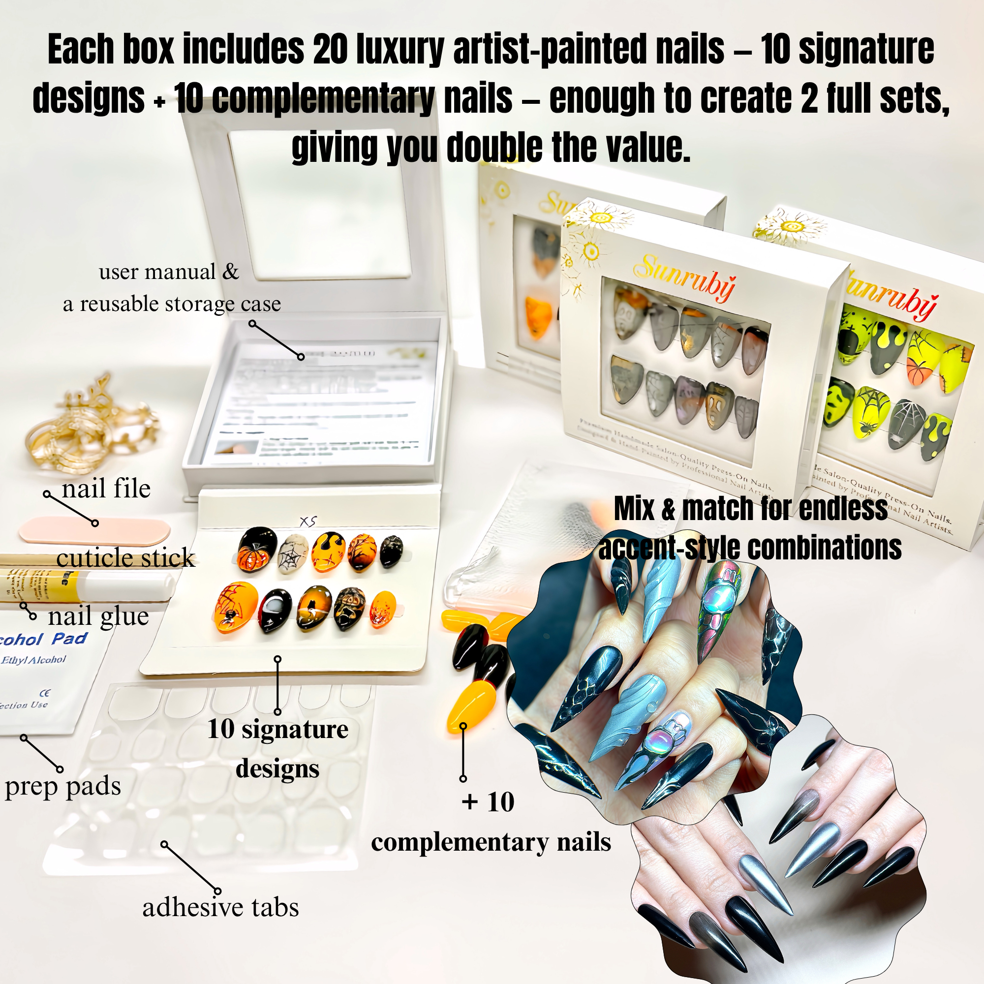 Black Stiletto Hand-Painted Press-On Nails | Y2K Silver Chrome with 3D Gemstone Nail Art | Reusable 20pcs Kit