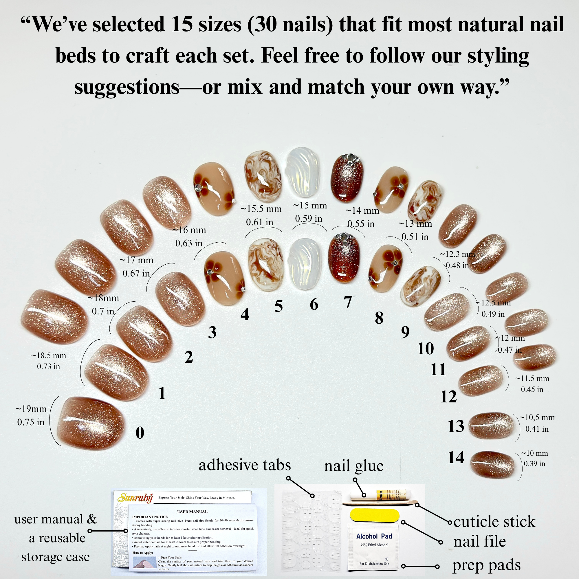 Café de Pearl – Short Oval Press-On Nails ☕✨ | Marble Swirl, Chrome Shimmer & Nude Brown Set| Hand-Painted Gel Reusable Set, 30 Nails, 15 Sizes
