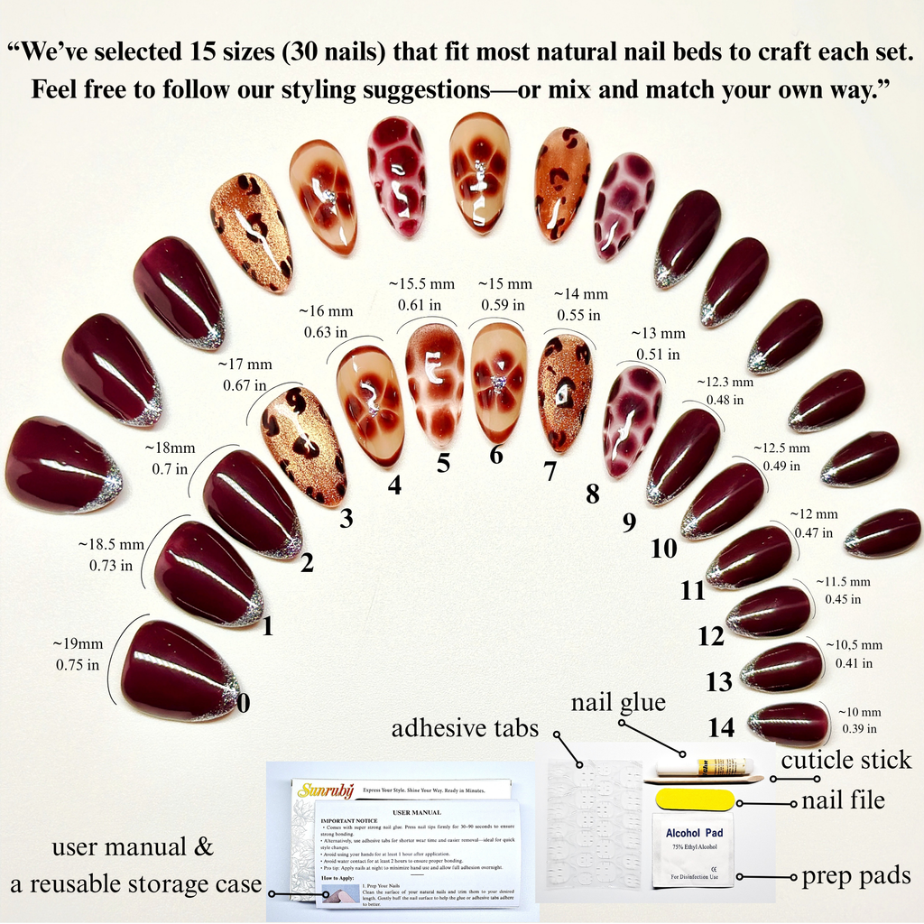 Press-On Gel Nails Brown Short Almond – Hand-Painted Silver Glitter Freach Tips, 30-Piece 15 sizes Reusable Set