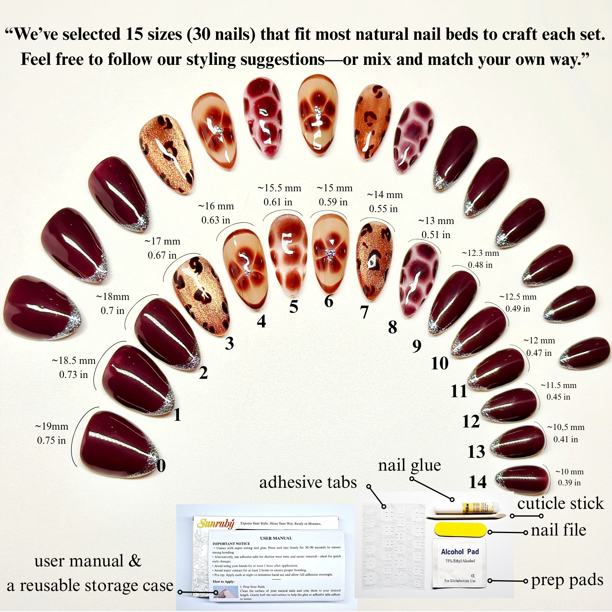 Press-On Gel Nails Brown Short Almond – Hand-Painted Silver Glitter Freach Tips, 30-Piece 15 sizes Reusable Set