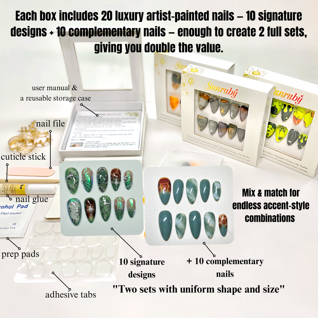 Medium Almond Hand-Painted Press-On Nails | Luxury Emerald Green Marble with 3D Rhinestones and Chrome | Reusable 20pcs Kit