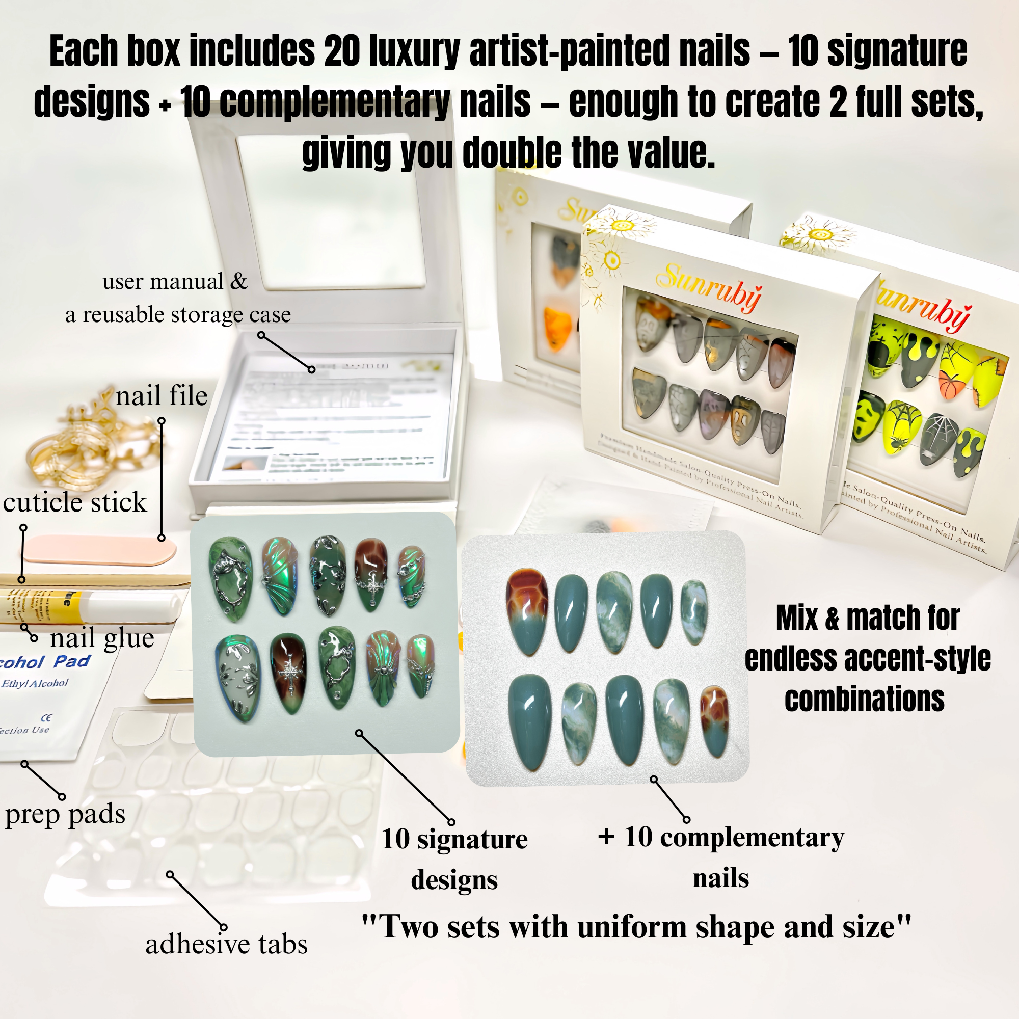 Medium Almond Hand-Painted Press-On Nails | Luxury Emerald Green Marble with 3D Rhinestones and Chrome | Reusable 20pcs Kit