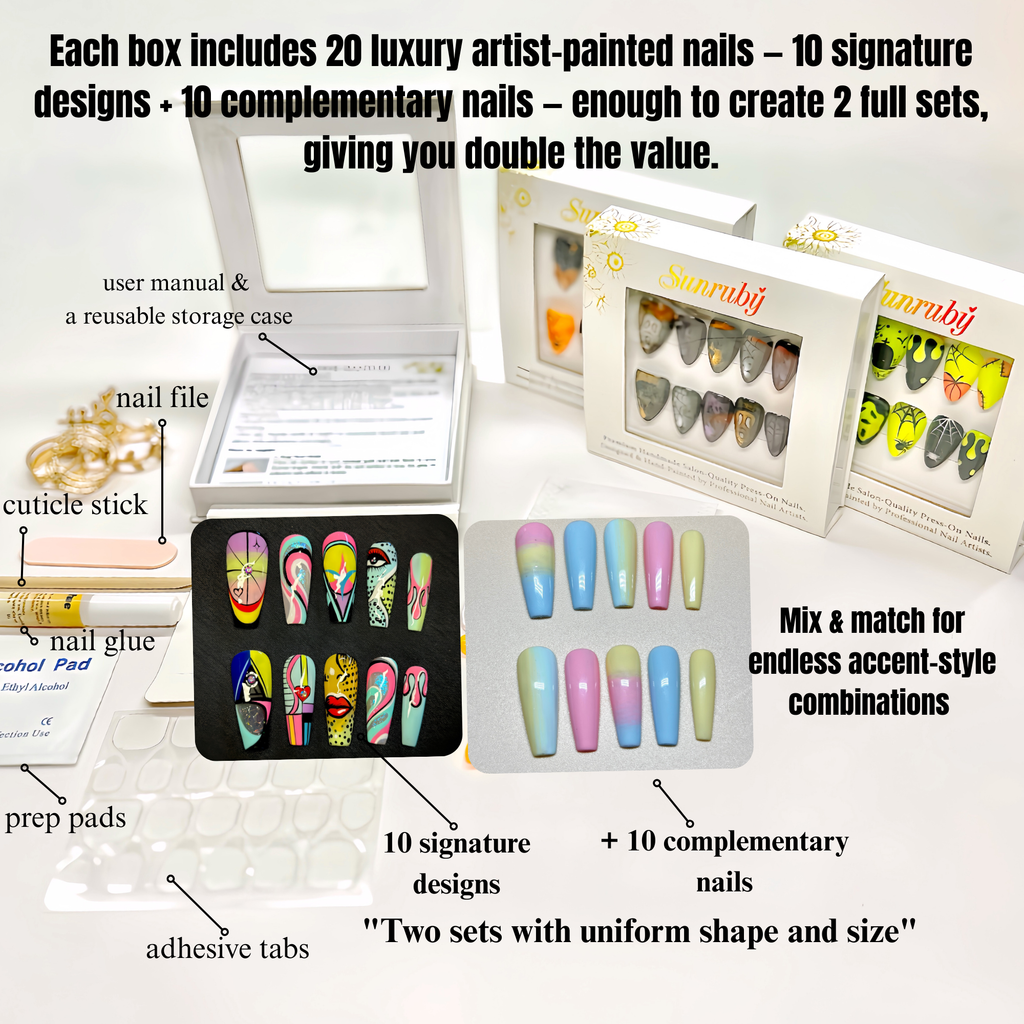 Long Coffin Hand-Painted Press-On Nails | Luxury Pastel Pop-Art Design | Reusable 20pcs Kit