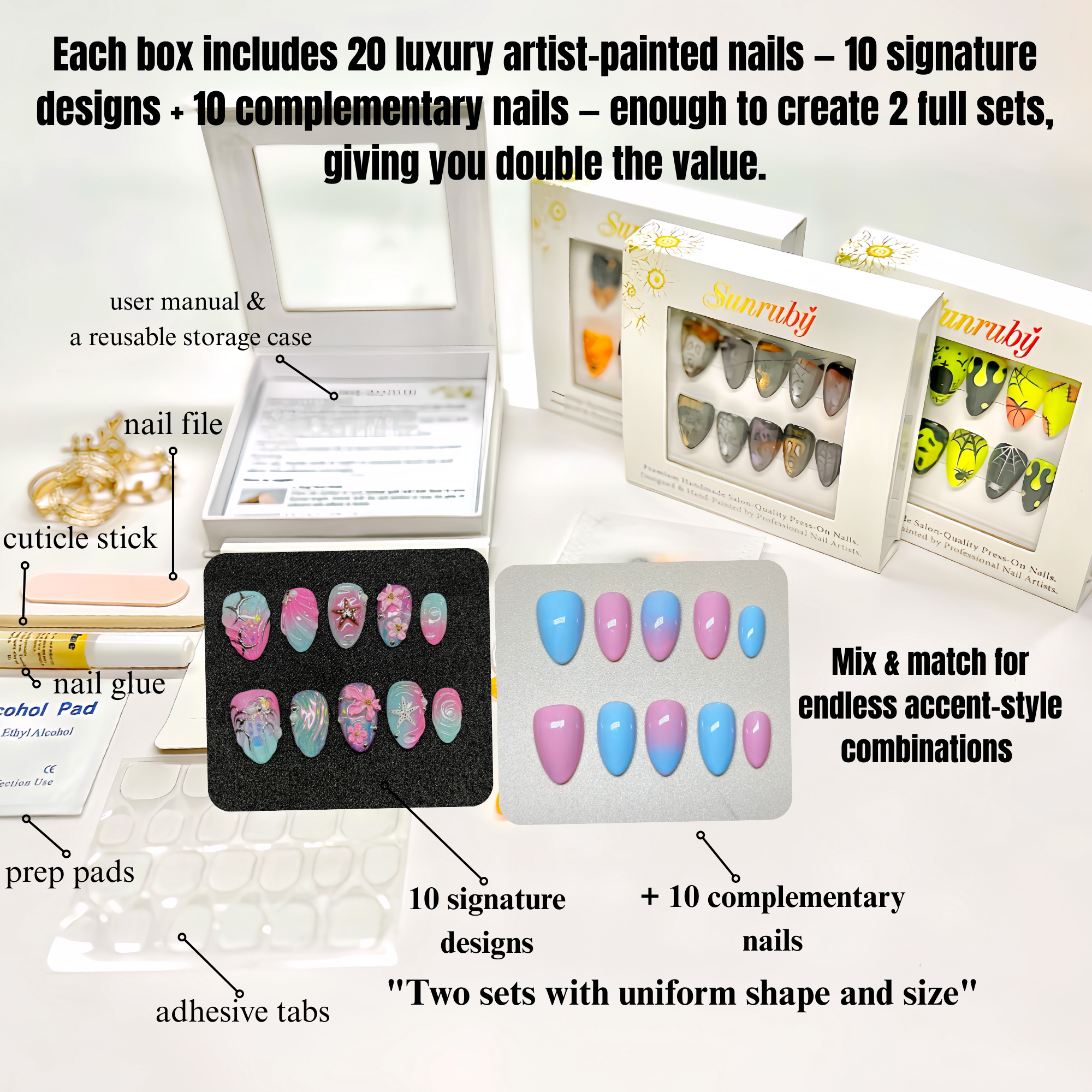 Short Almond Ocean Luxe Press-On Nails | Blue, Pink 3D Sea, Starfish, Floral Design | Hand-Painted, Reusable 20pcs Kit