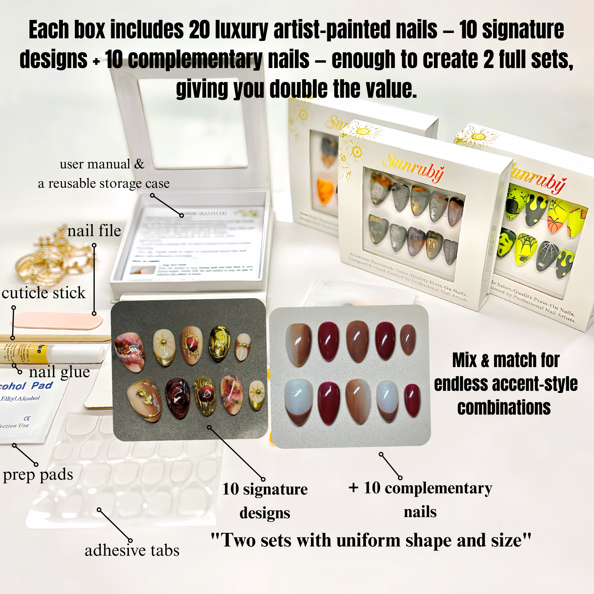 Short Almond Hand-Painted Press-On Nails | Ruby Red with Gold Chrome 3D Nail Art | Reusable 20pcs Kit