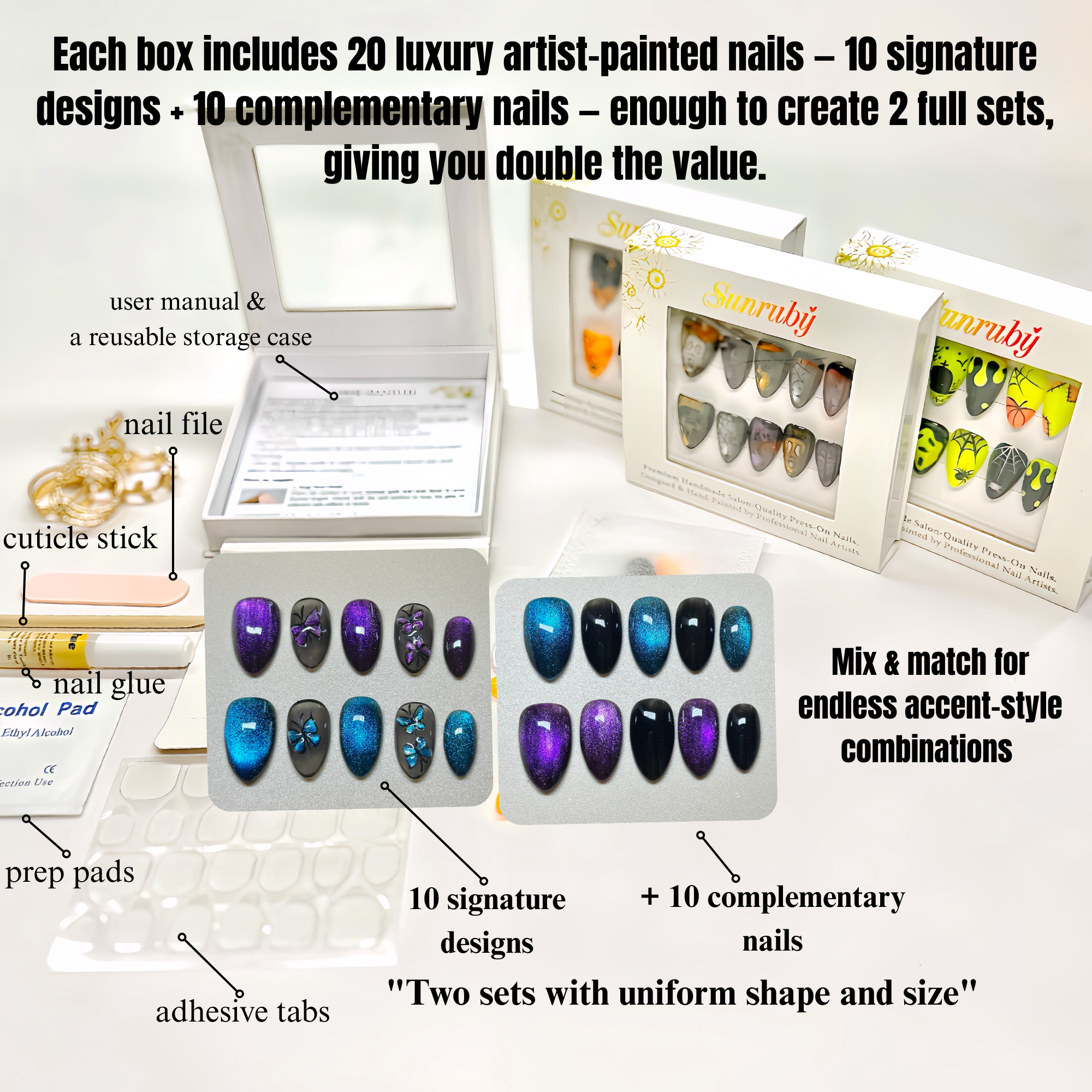 Almond Hand-Painted Press-On Nails – Blue & Purple Cat Eye with Butterfly Design | Luxury 20pcs Reusable Kit
